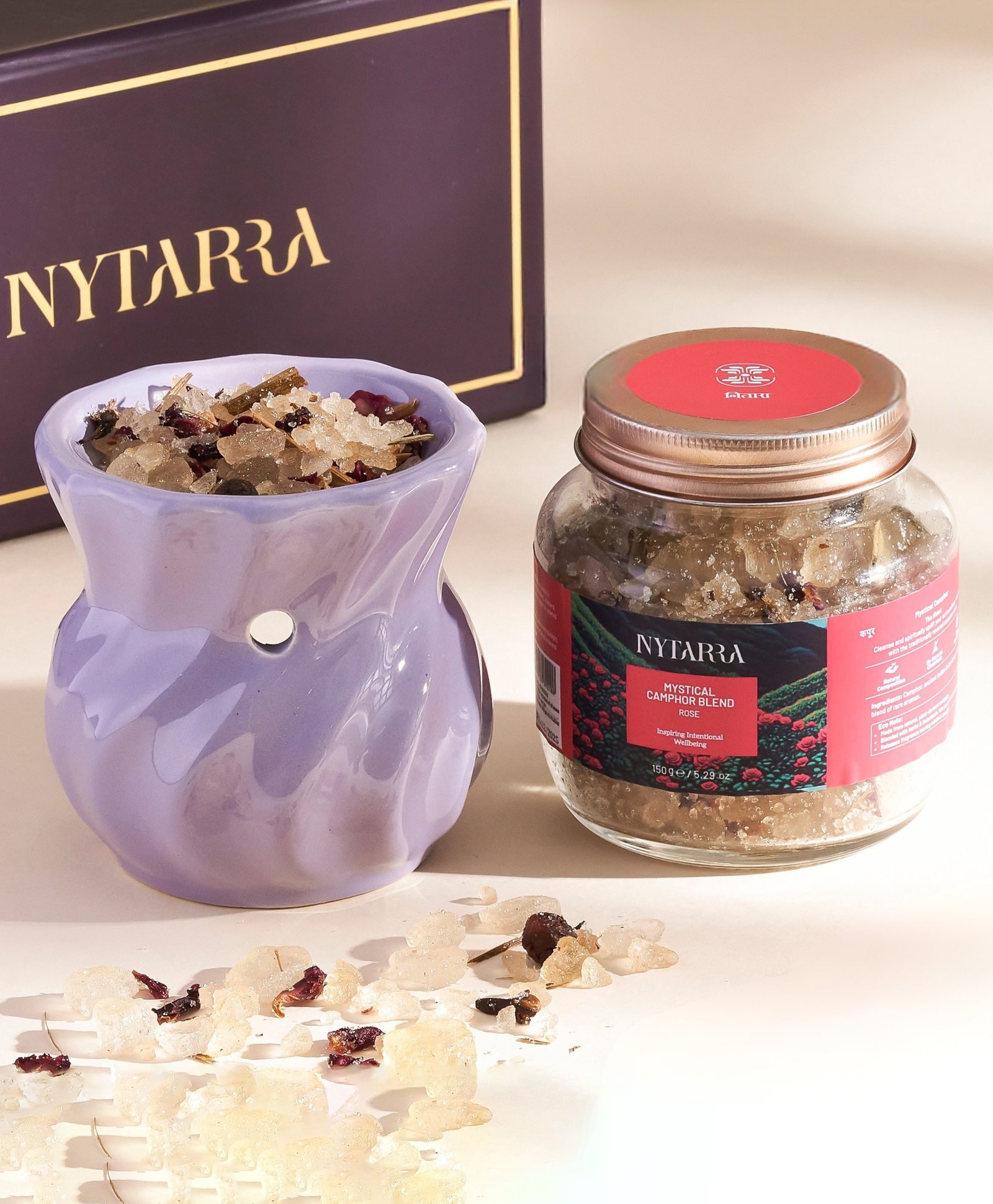 Nytarra Naturals Mystical Camphor Blend Gift Box - Rose 150g | Premium Ceramic Aroma Diffuser, Pure Kapooram, Tea Lights Combo-image-7
