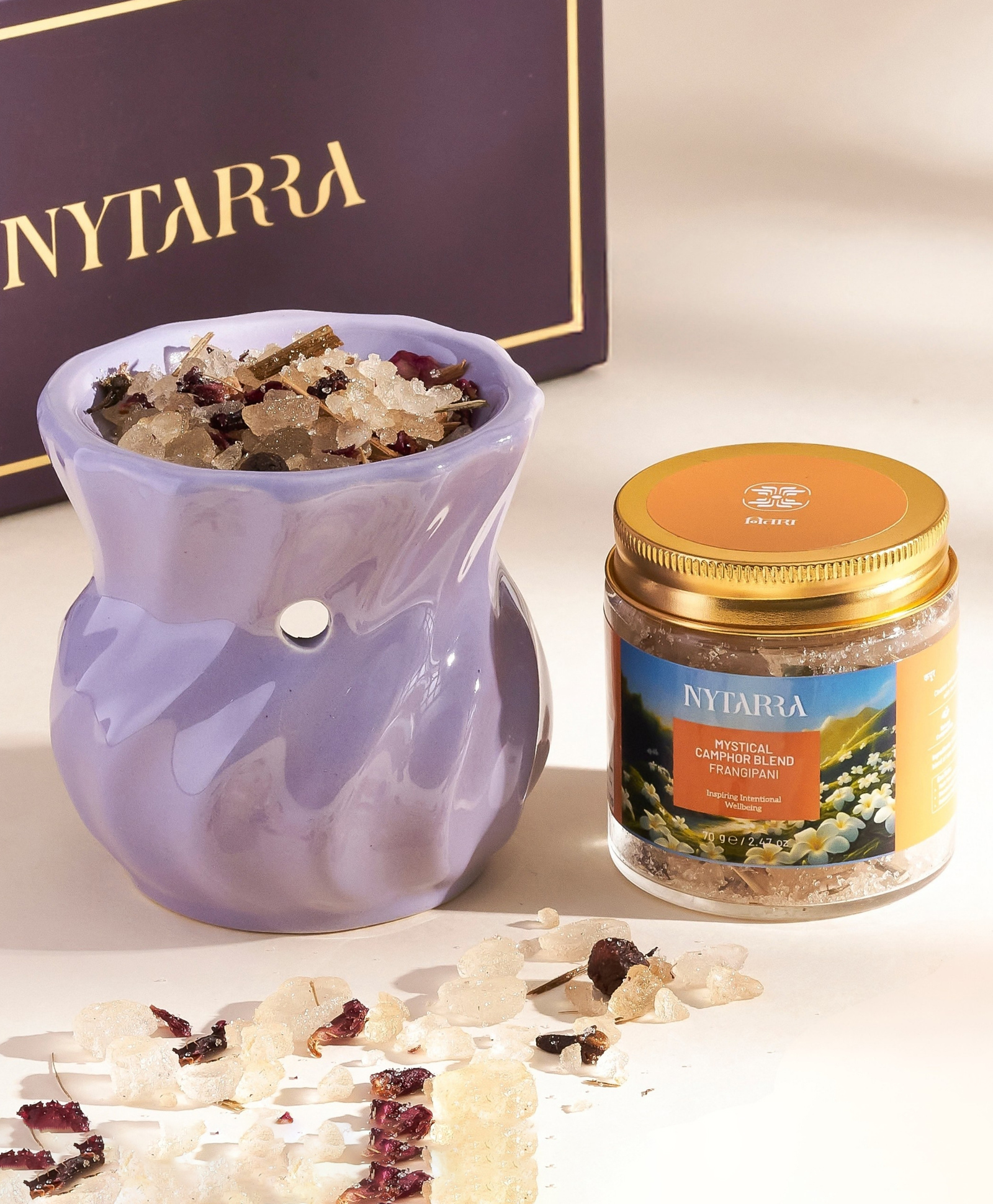 Nytarra Naturals Mystical Camphor Blend Gift Box - Frangipani 70g | Premium Ceramic Aroma Diffuser, Pure Kapooram, Tea Lights Combo-image-49
