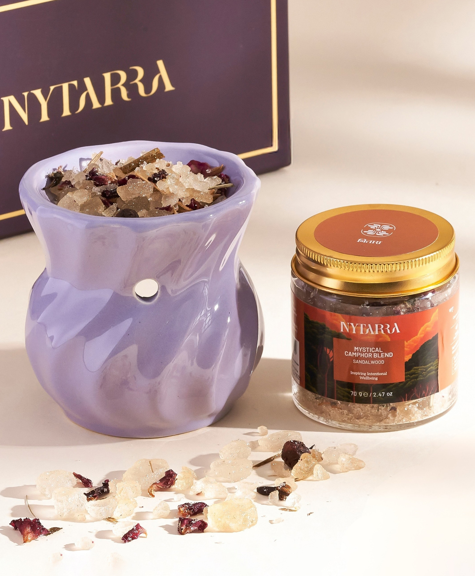 Nytarra Naturals Mystical Camphor Blend Gift Box - Sandalwood 70g | Premium Ceramic Aroma Diffuser, Pure Kapooram, Tea Lights Combo-image-45