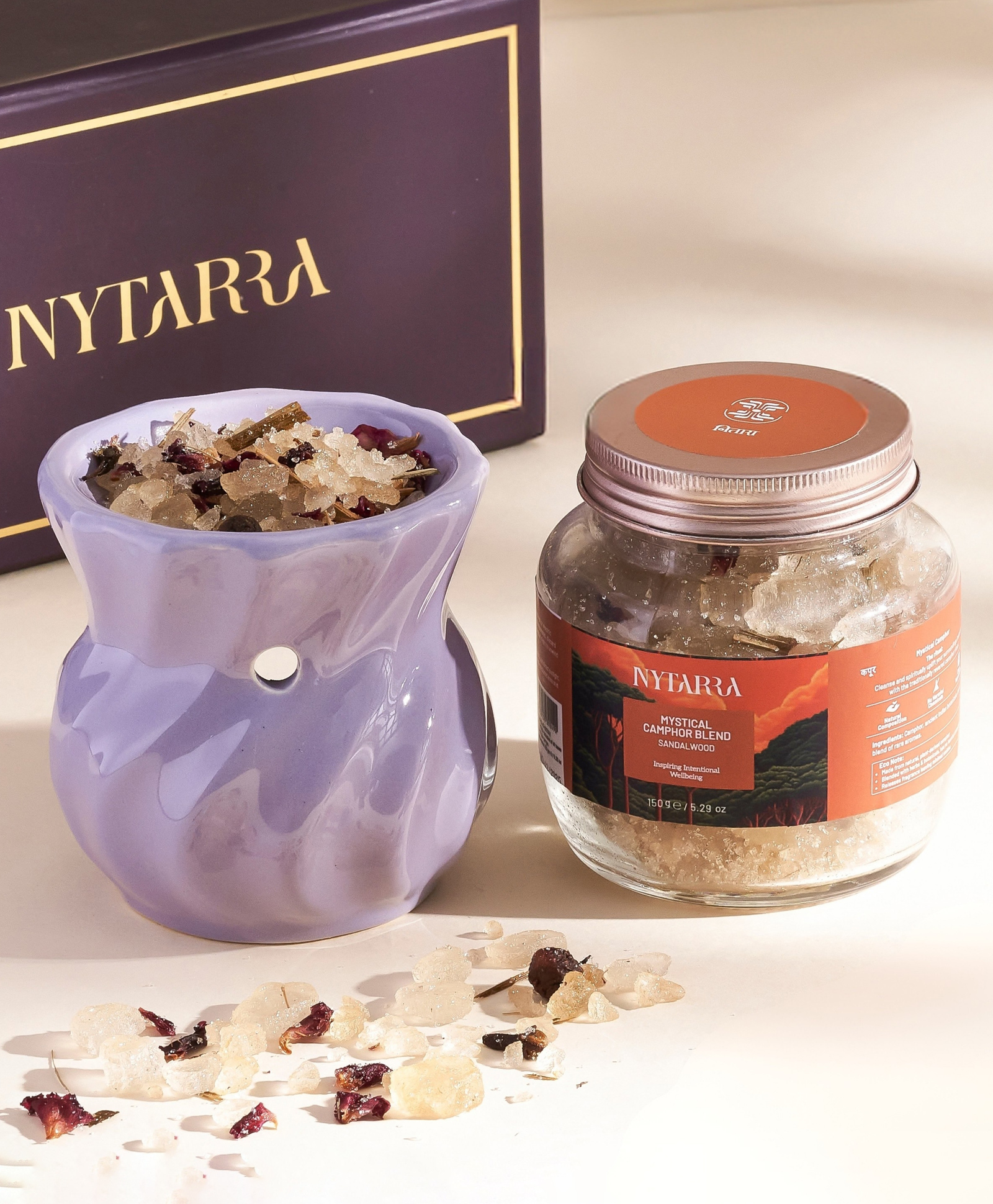 Nytarra Naturals Mystical Camphor Blend Gift Box - Sandalwood 150g | Premium Ceramic Aroma Diffuser, Pure Kapooram, Tea Lights Combo-image-4