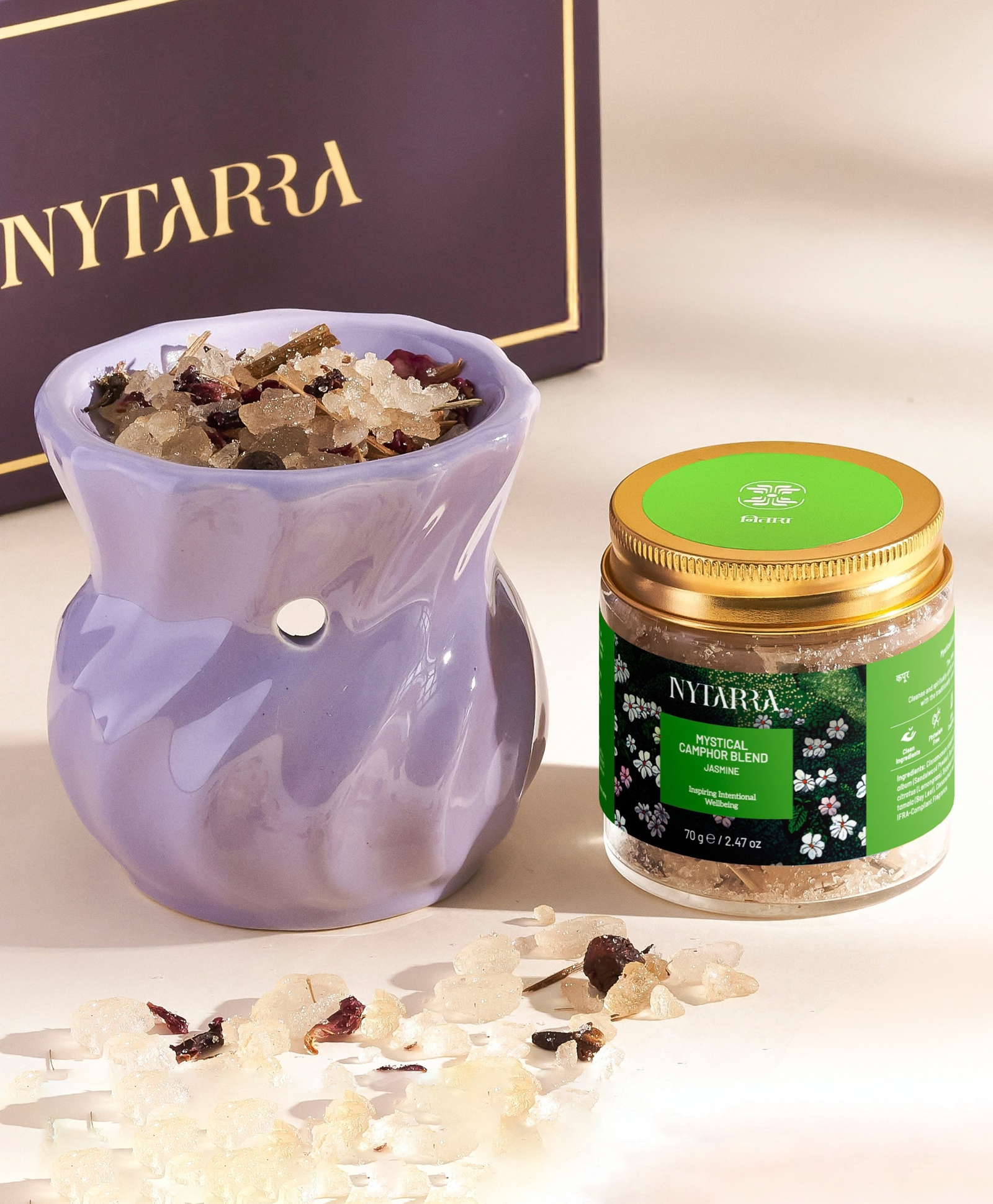 Nytarra Naturals Mystical Camphor Blend Gift Box - Jasmine 70g | Premium Ceramic Aroma Diffuser, Pure Kapooram, Tea Lights Combo-image-17