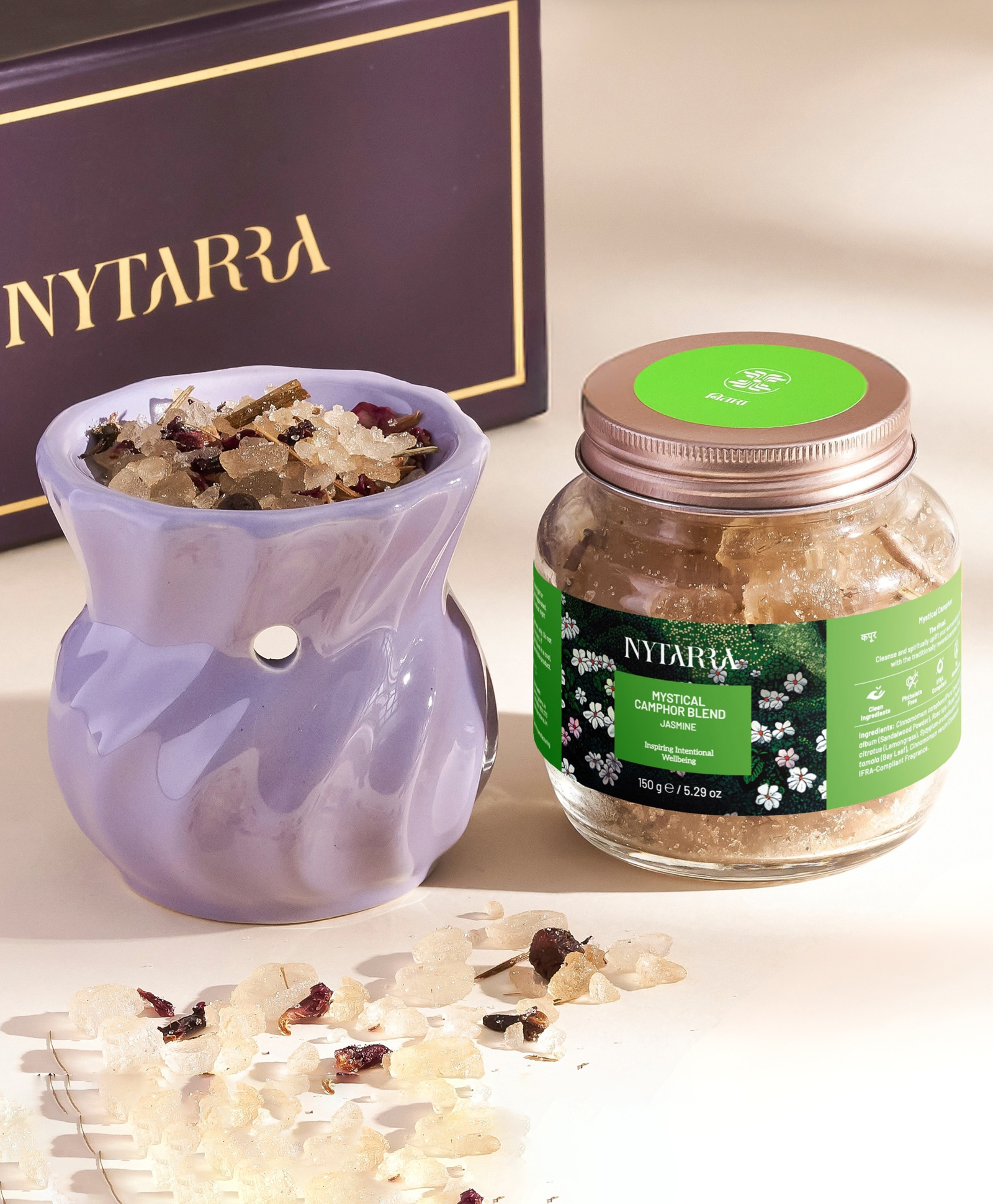 Nytarra Naturals Mystical Camphor Blend Gift Box - Jasmine 150g | Premium Ceramic Aroma Diffuser, Pure Kapooram, Tea Lights Combo-image-6