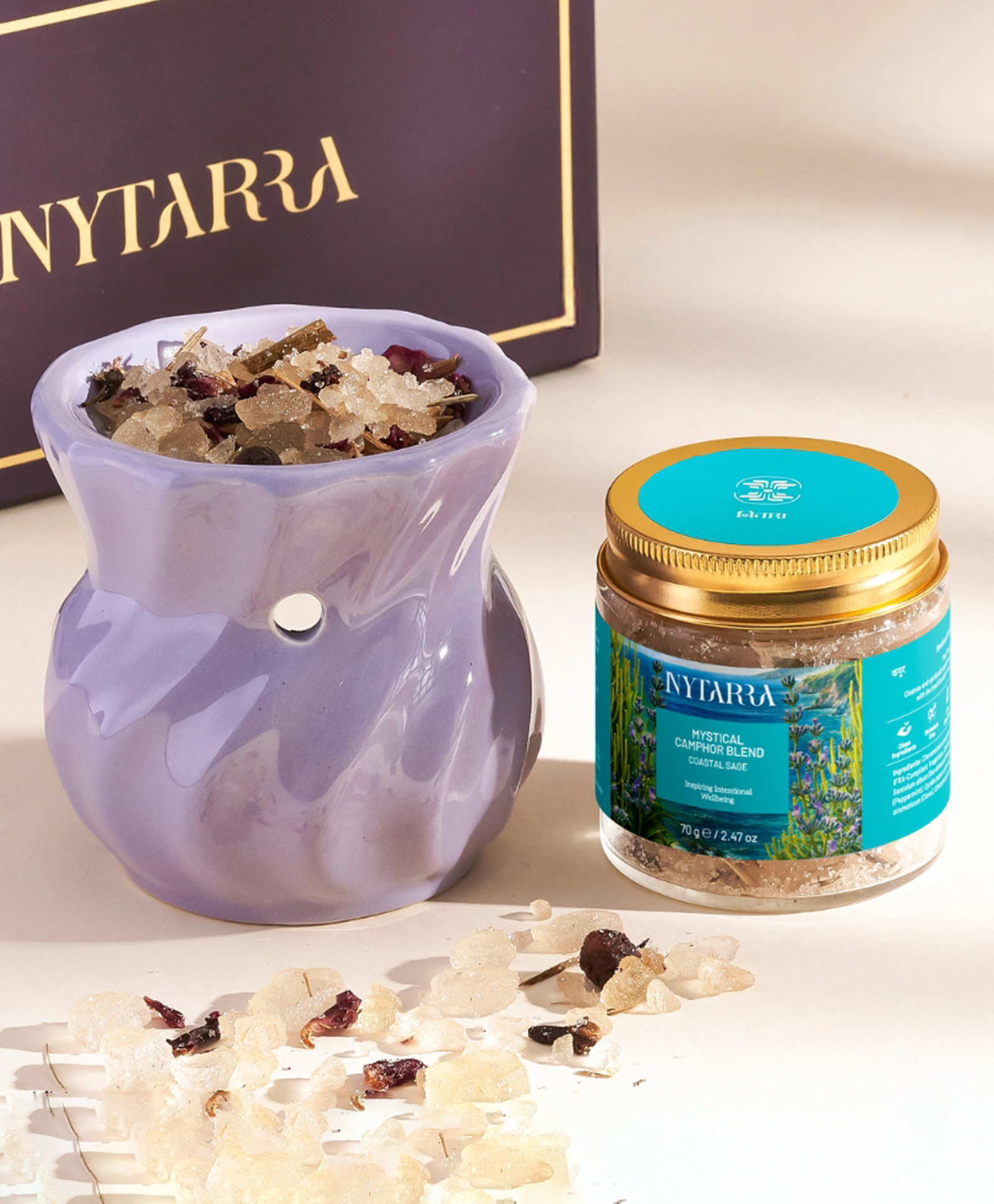 Nytarra Naturals Mystical Camphor Blend Gift Box - Coastal Sage 70g | Premium Ceramic Aroma Diffuser, Pure Kapooram, Tea Lights Combo-image-46