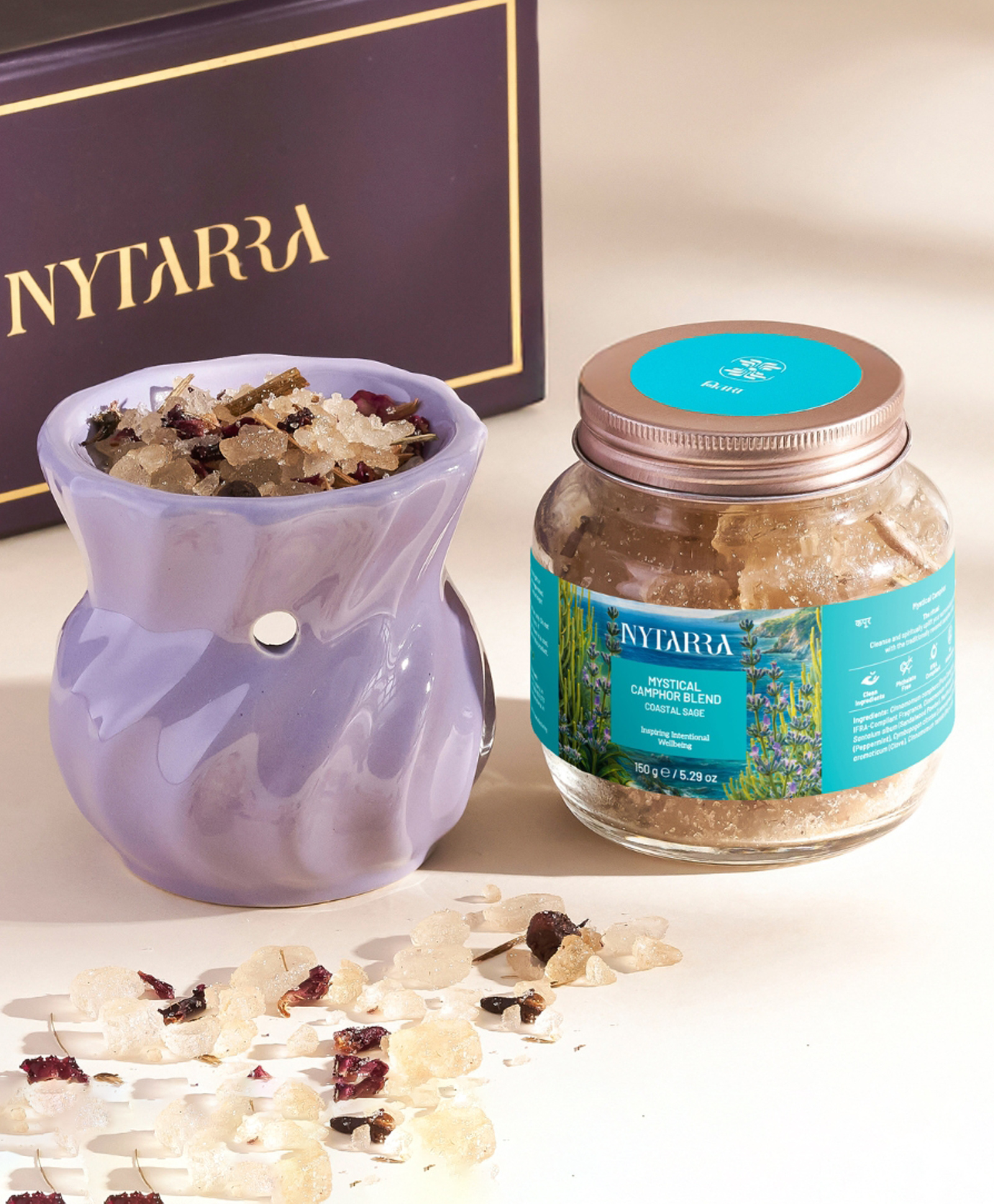 Nytarra Naturals Mystical Camphor Blend Gift Box - Coastal Sage 150g | Premium Ceramic Aroma Diffuser, Pure Kapooram, Tea Lights Combo-image-47