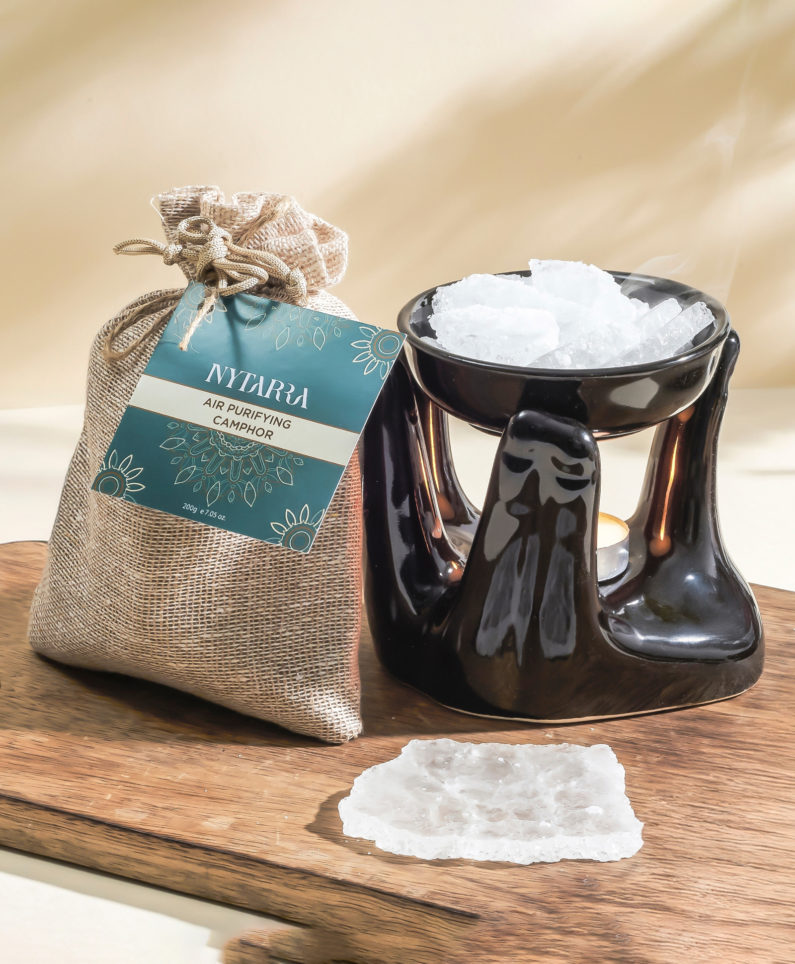 Nytarra Naturals Tranquility Combo | Pure Camphor 200g + Clay Serenity Hand Diffuser (Black) | Camphor with Aroma Diffuser | No Electricity Required | Unique Gift for Home, Office & Meditation-image-5