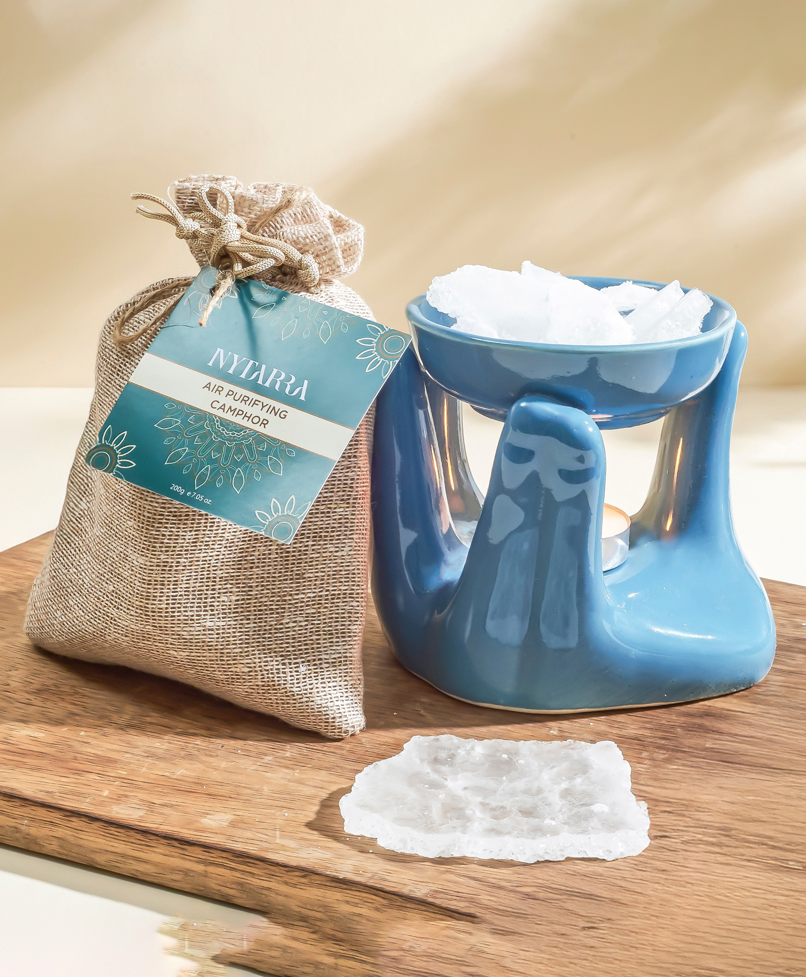 Nytarra Naturals Tranquility Combo | Pure Camphor 200g + Clay Serenity Hand Diffuser (Blue) | Original Camphor with Aroma Diffuser | No Electricity Required | Unique Gift for Home, Office & Meditation-image-14