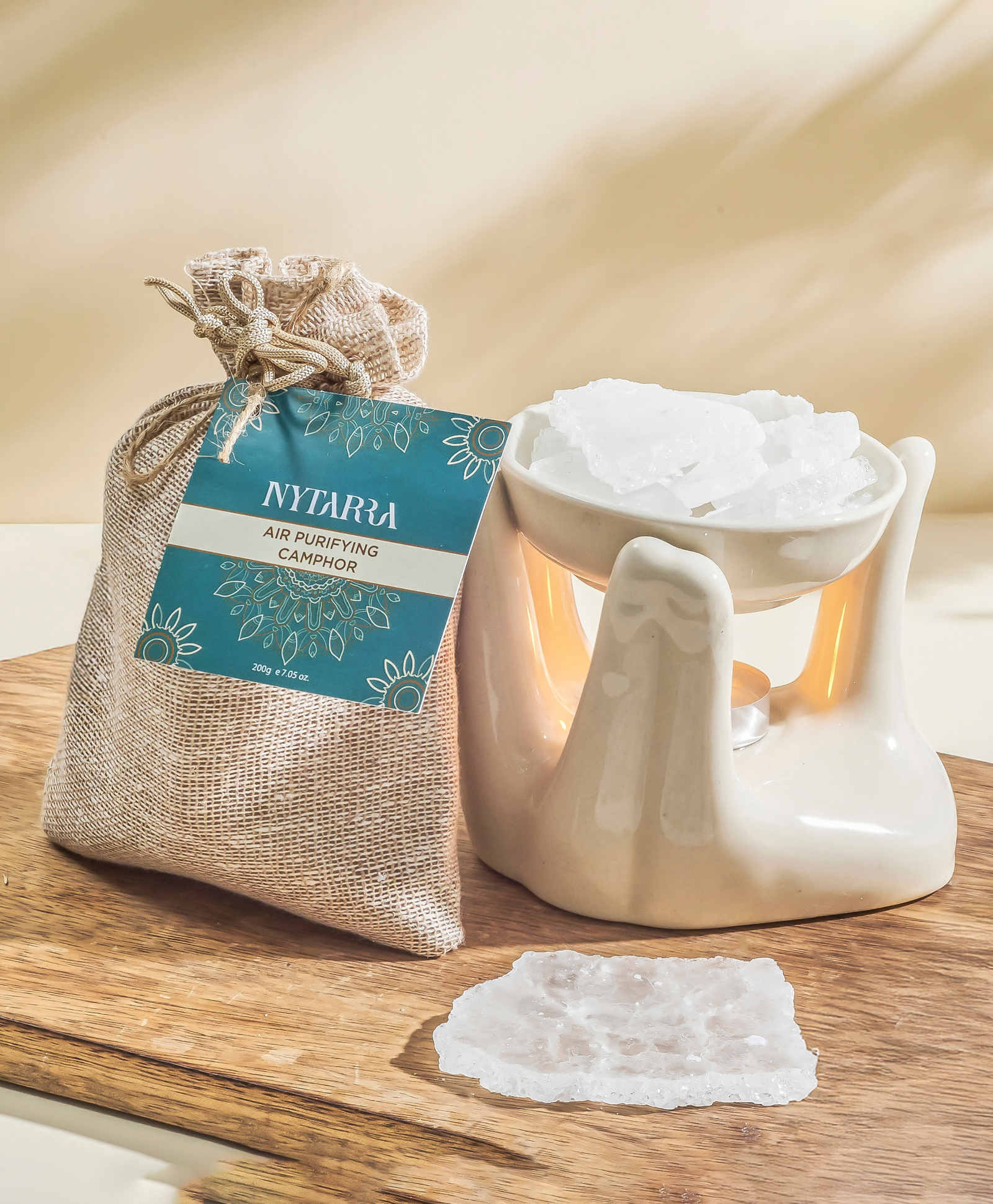 Nytarra Naturals Tranquility Combo | Pure Camphor 200g + Clay Serenity Hand Diffuser (Ivory) | Camphor with Aroma Diffuser | No Electricity Required | Unique Gift for Home, Office & Meditation-image-3