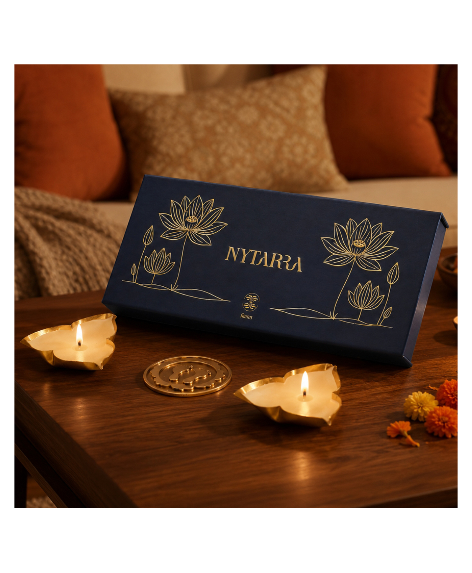 Nytarra Naturals Premium Gift Box | High Quality Brass Lakshmi Charan & 2 Scented Candles | Luxury Gift for Good Fortune & Positivity | Unique Gift Set for Housewarming, Wedding, Corporate Gifting-image-1