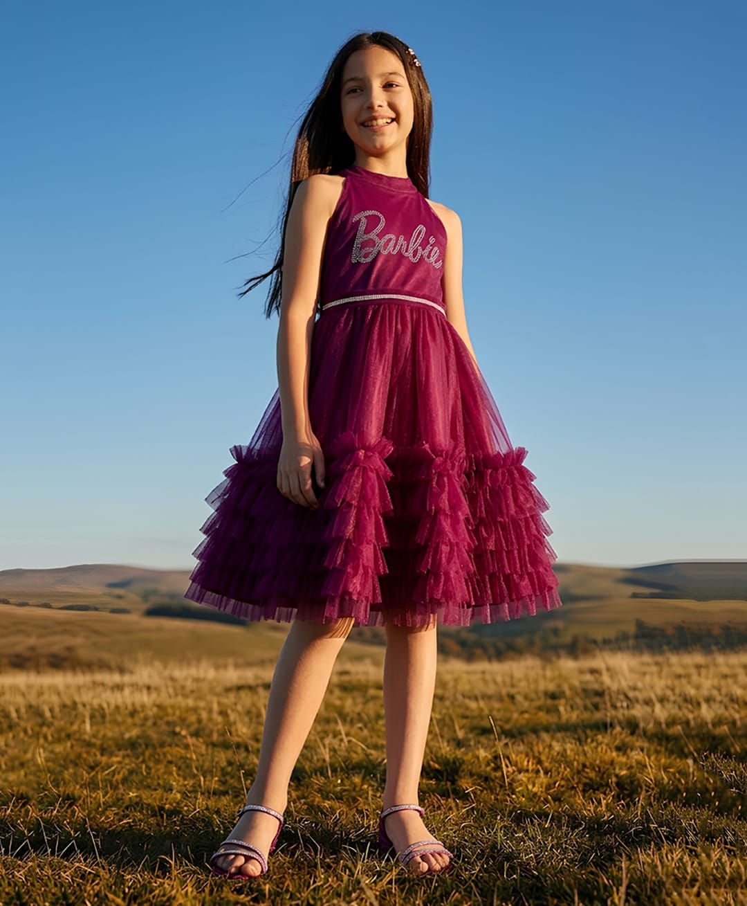 Barbie by Tiny Girl Knit Mattel Featuring Sleeveless Barbie Text Printed Ruffles Detailed Dress - Wine-picture-35