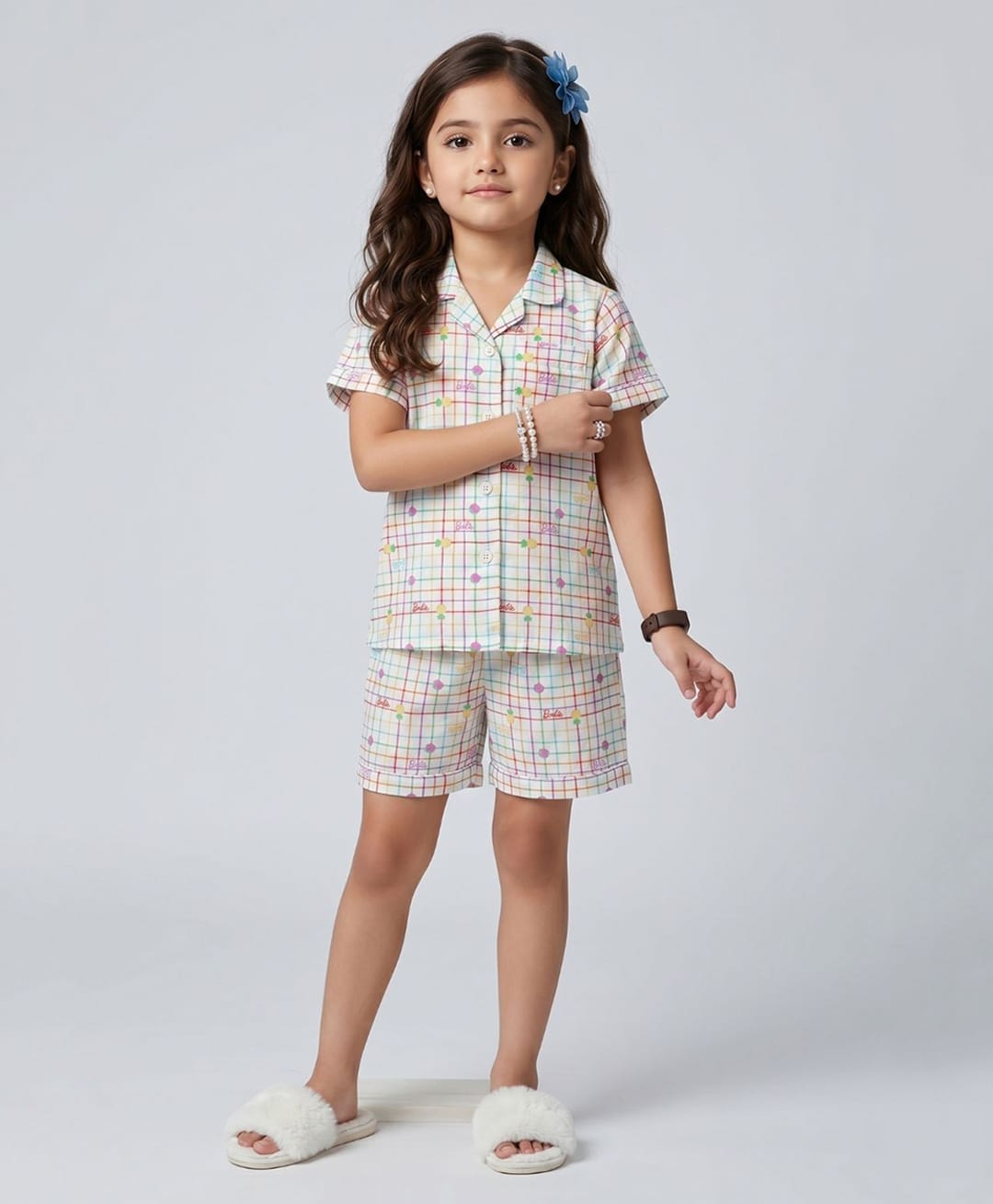 Barbie by Tiny Girl Cotton Woven Half Sleeve Checked Printed Shirt & Shorts Night Suit Set- White-image-22