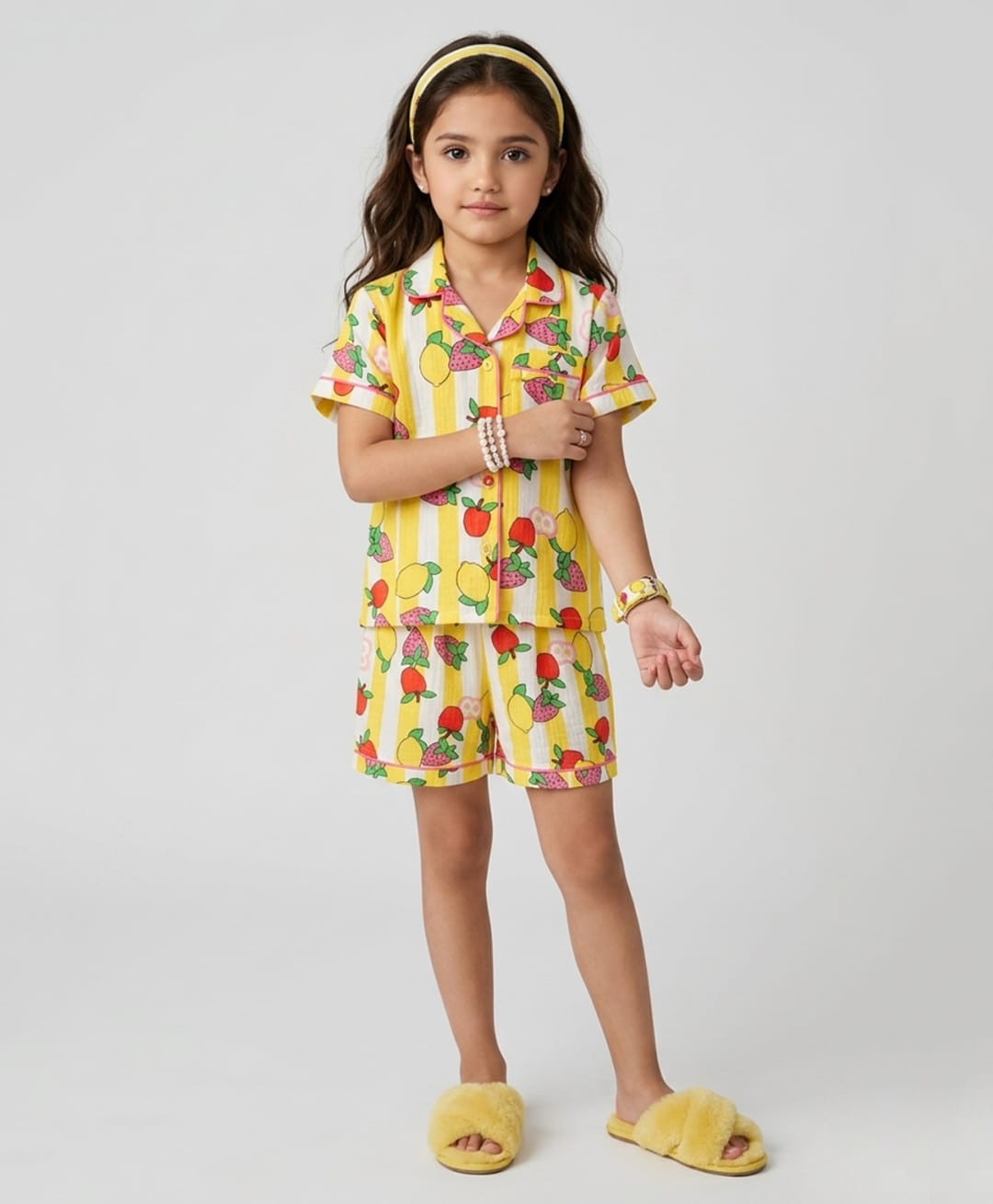 Barbie by Tiny Girl Cotton Woven Half Sleeves Fruits Printed Coordinating Shirt & Shorts Night Suit - Yellow-picture-23