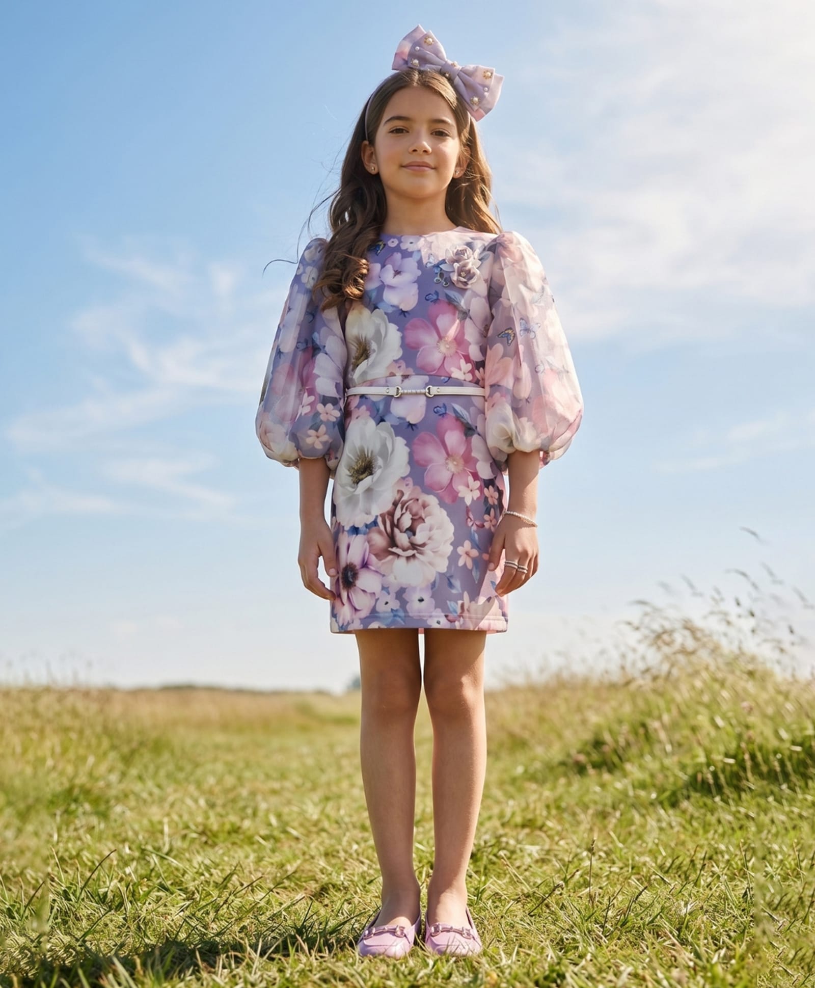 Tiny Girl Scuba Knit Puffed Sleeves Floral Printed Dress With Belt - Blue Grey-image-49