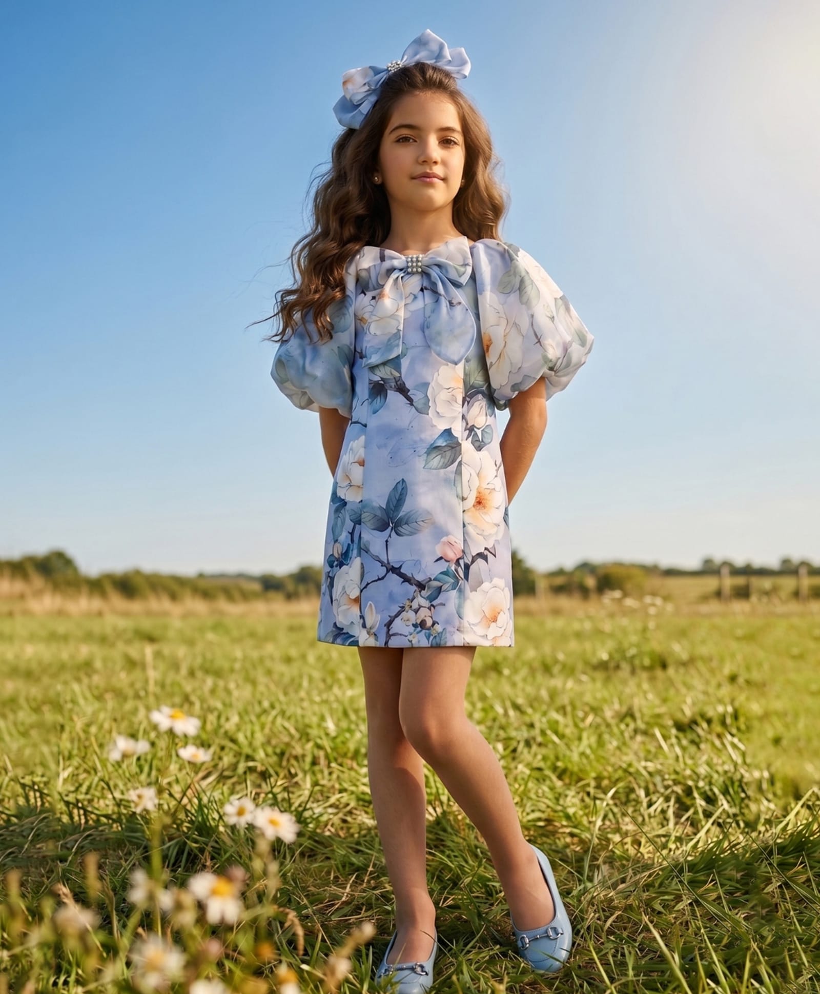 Tiny Girl Scuba Knit Puffed Sleeves Floral Printed Dress - Powder Blue-picture-33