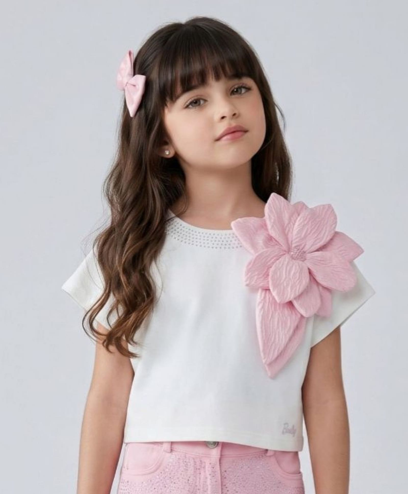 Barbie by Tiny Girl Cotton Woven Half Sleeves Floral Applique Detailed Top - Pink-picture-7