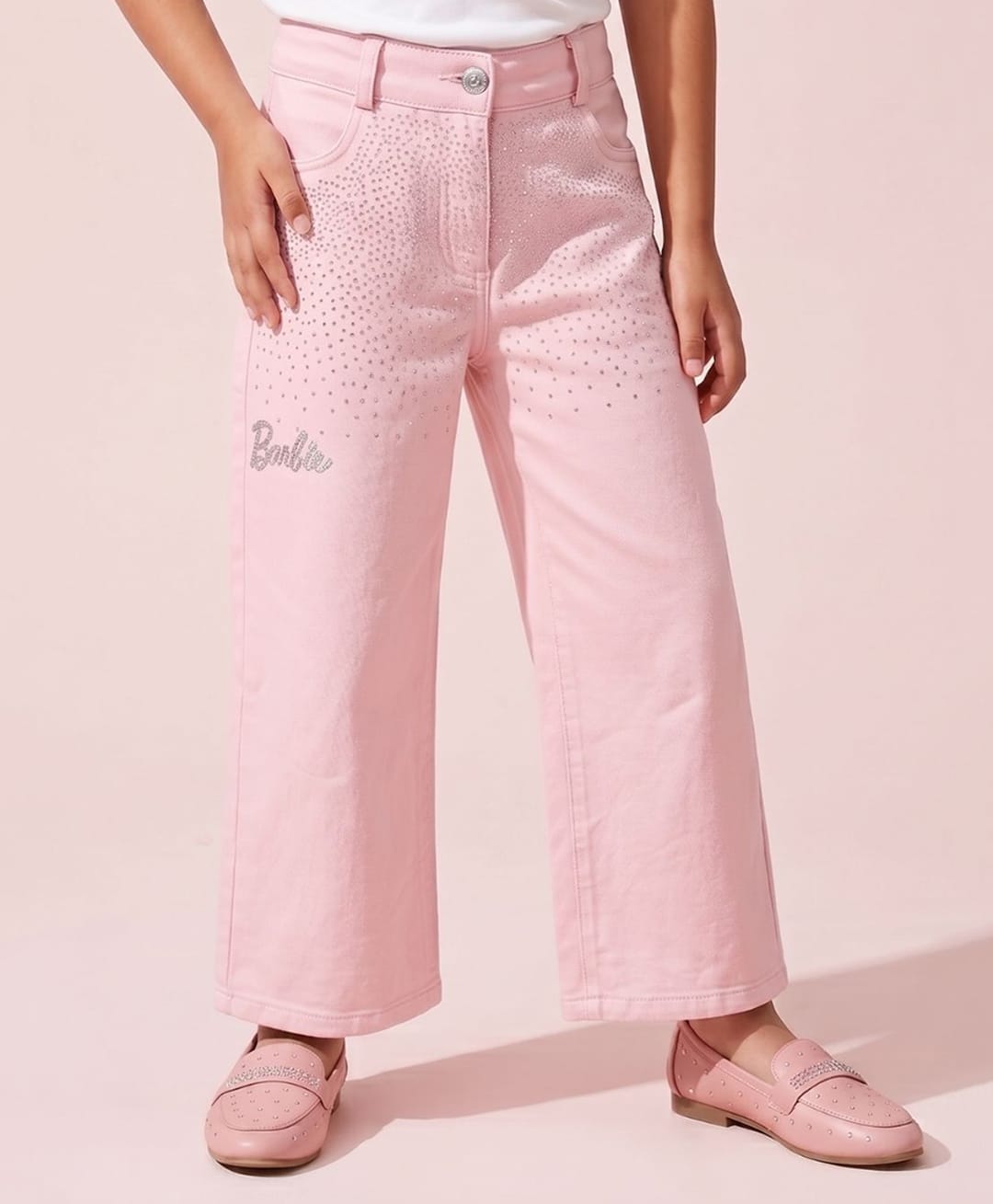 Barbie by Tiny Girl Cotton Woven Mattel Featuring Barbie Text & Rhinestones Embellished Jeans - Pink-picture-36