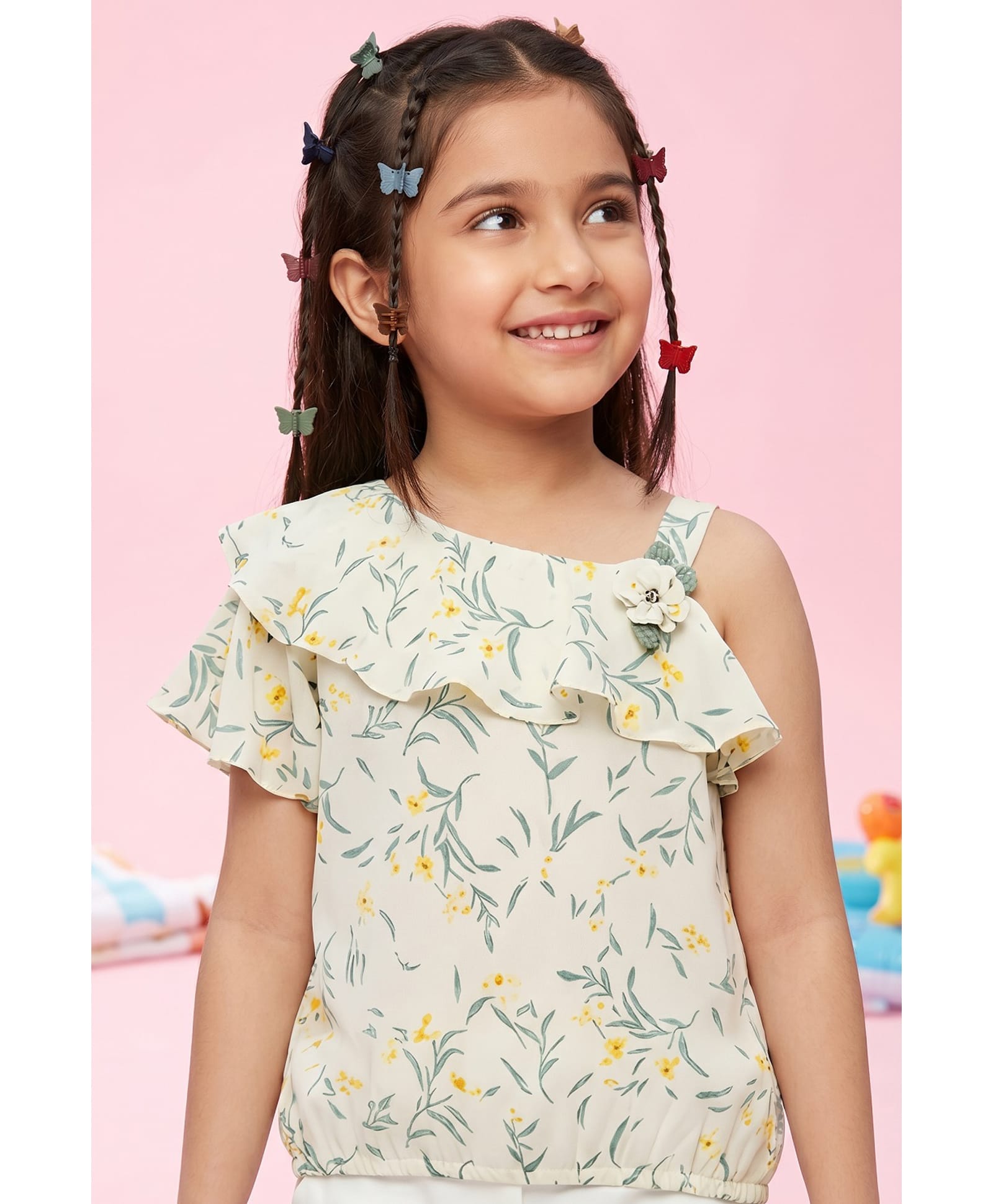 Tiny Girl Woven Sleeveless Floral Printed Top - Mustard & White-picture-15