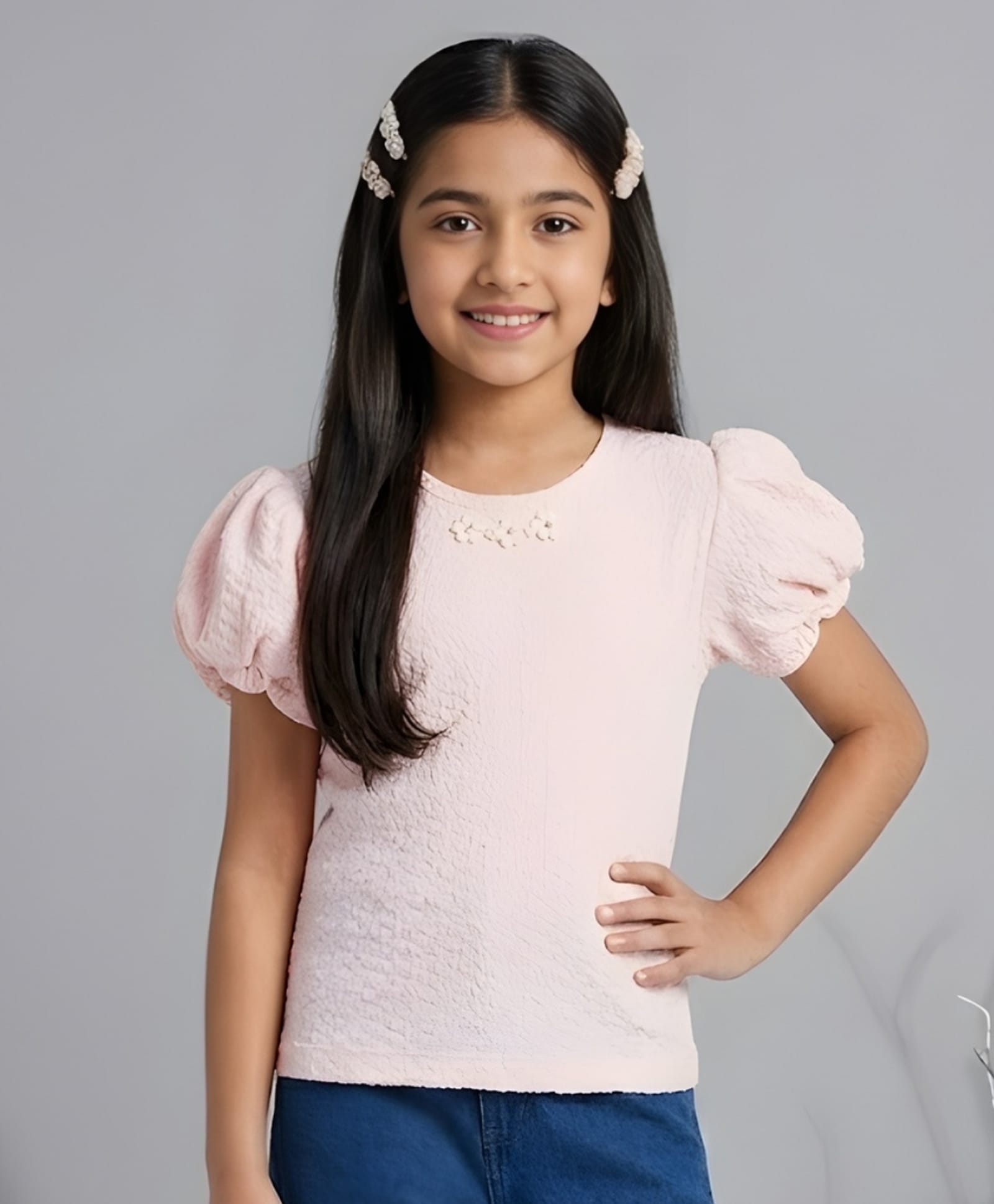Tiny Girl Knit Puffed Sleeves Floral Applique Detailed Top - Pink-picture-23