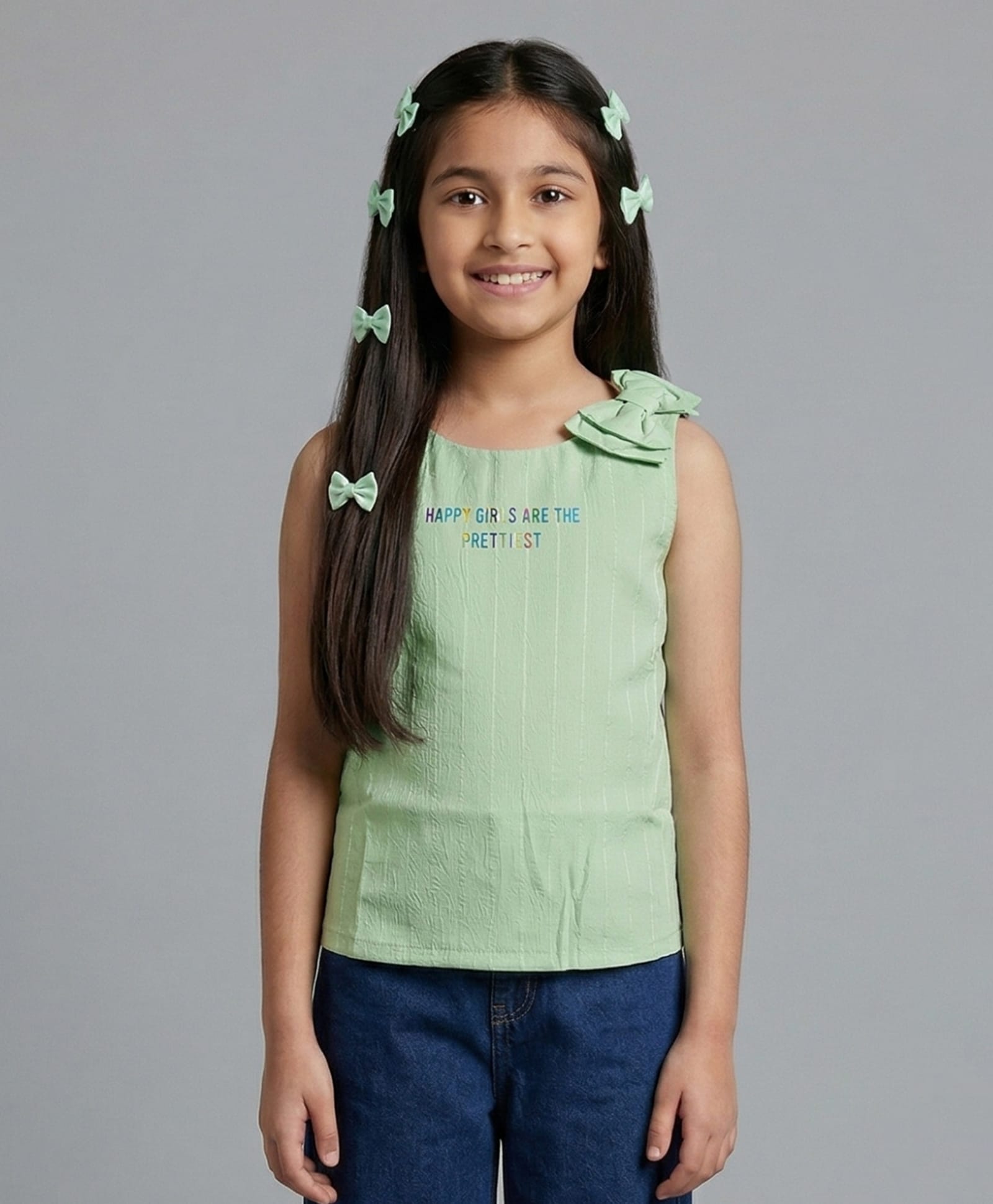 Tiny Girl Woven Sleeveless Happy Girls Are Prettiest Text Printed Top - Pista Green-picture-49