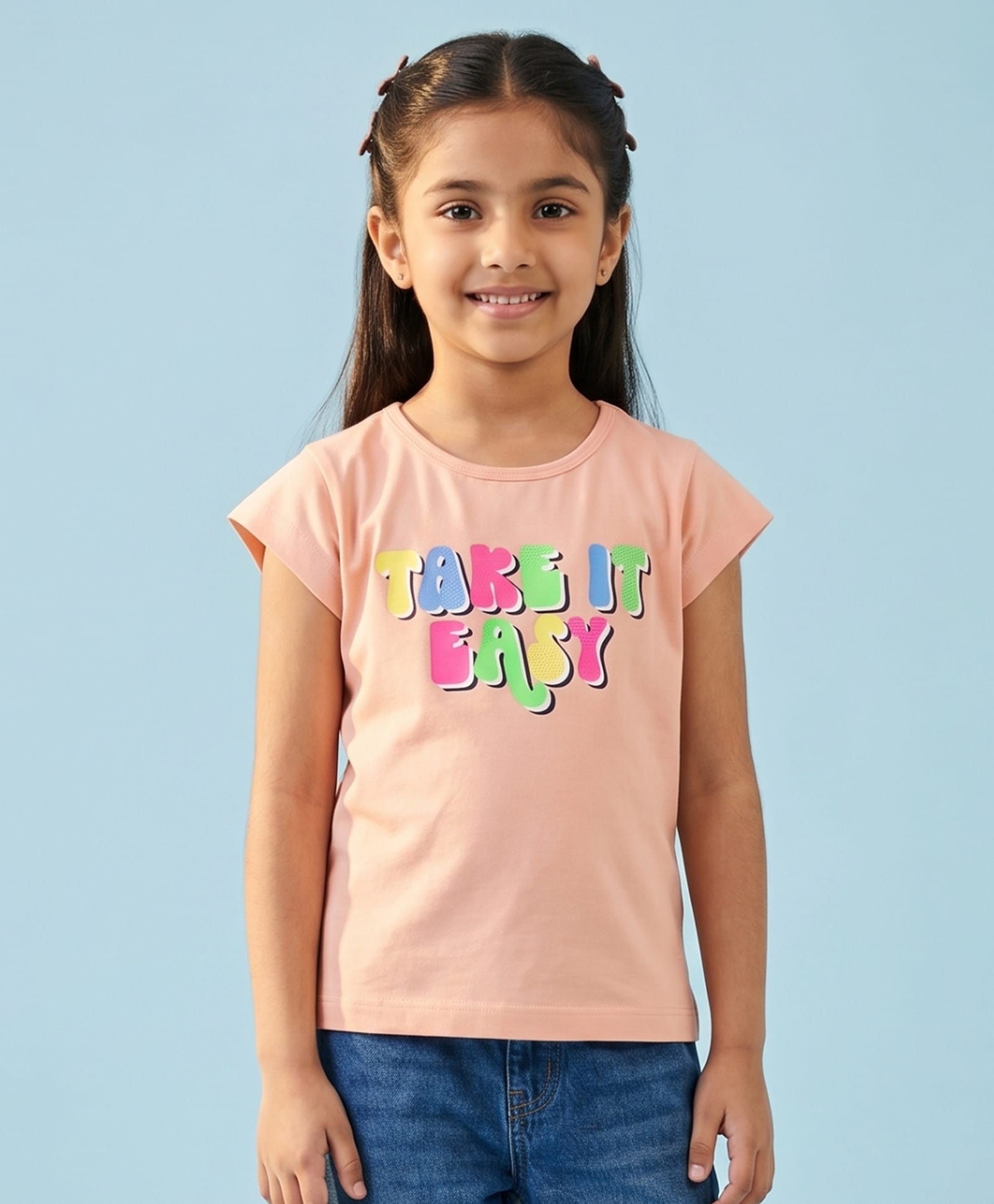 Tiny Girl Knit Cap Sleeves Take It Easy Text Printed Top - Peach-picture-35