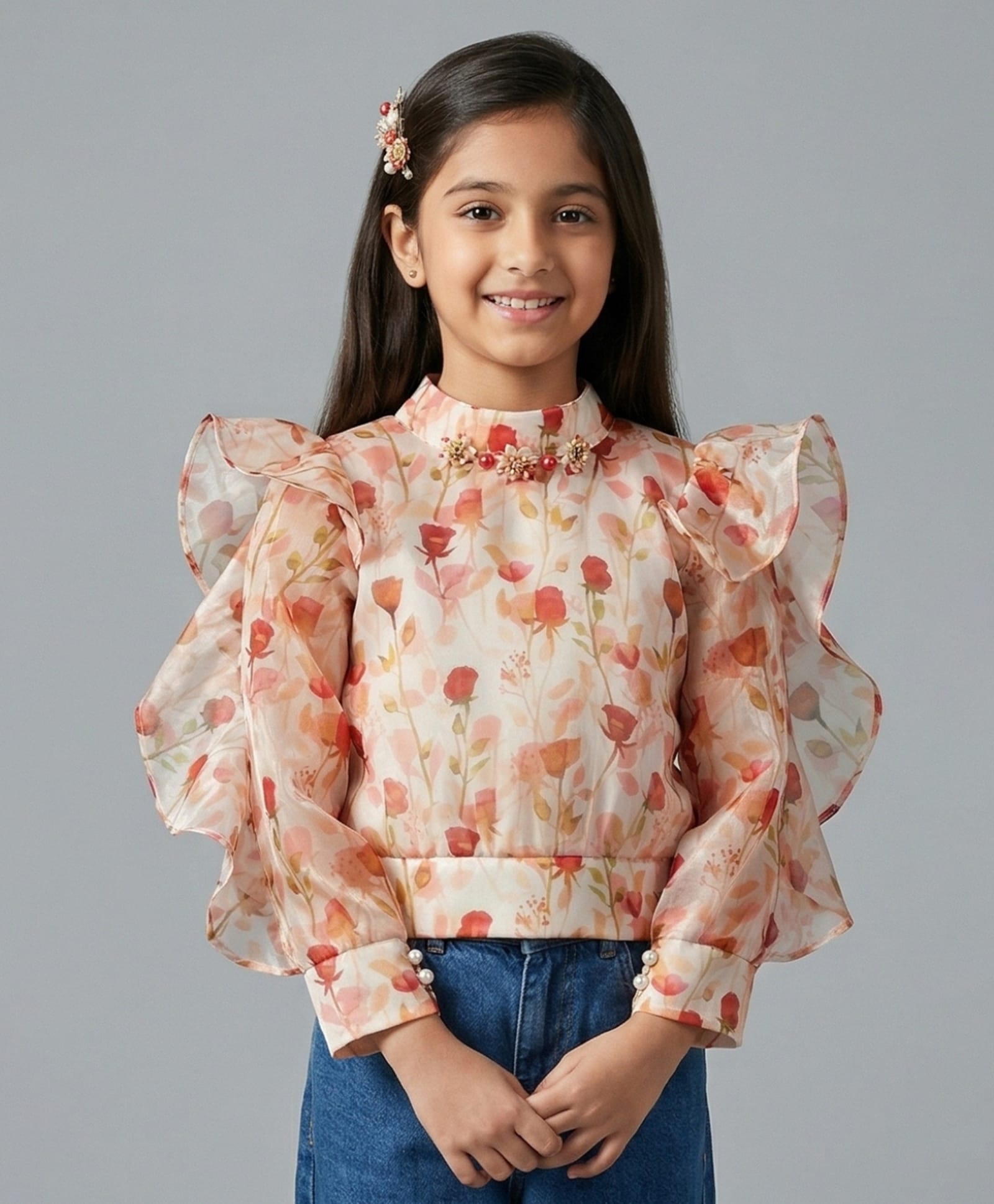 Tiny Girl Woven Full Sleeves Floral Printed Top - Peach-picture-33
