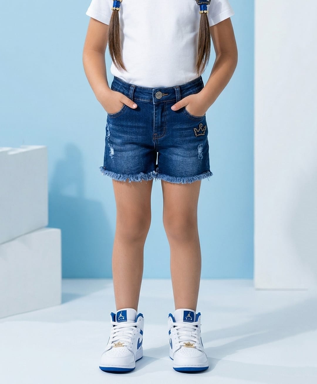 Tiny Girl Denim Woven Crown Applique Detailed Washed & Distressed Shorts - Dark Blue-picture-39