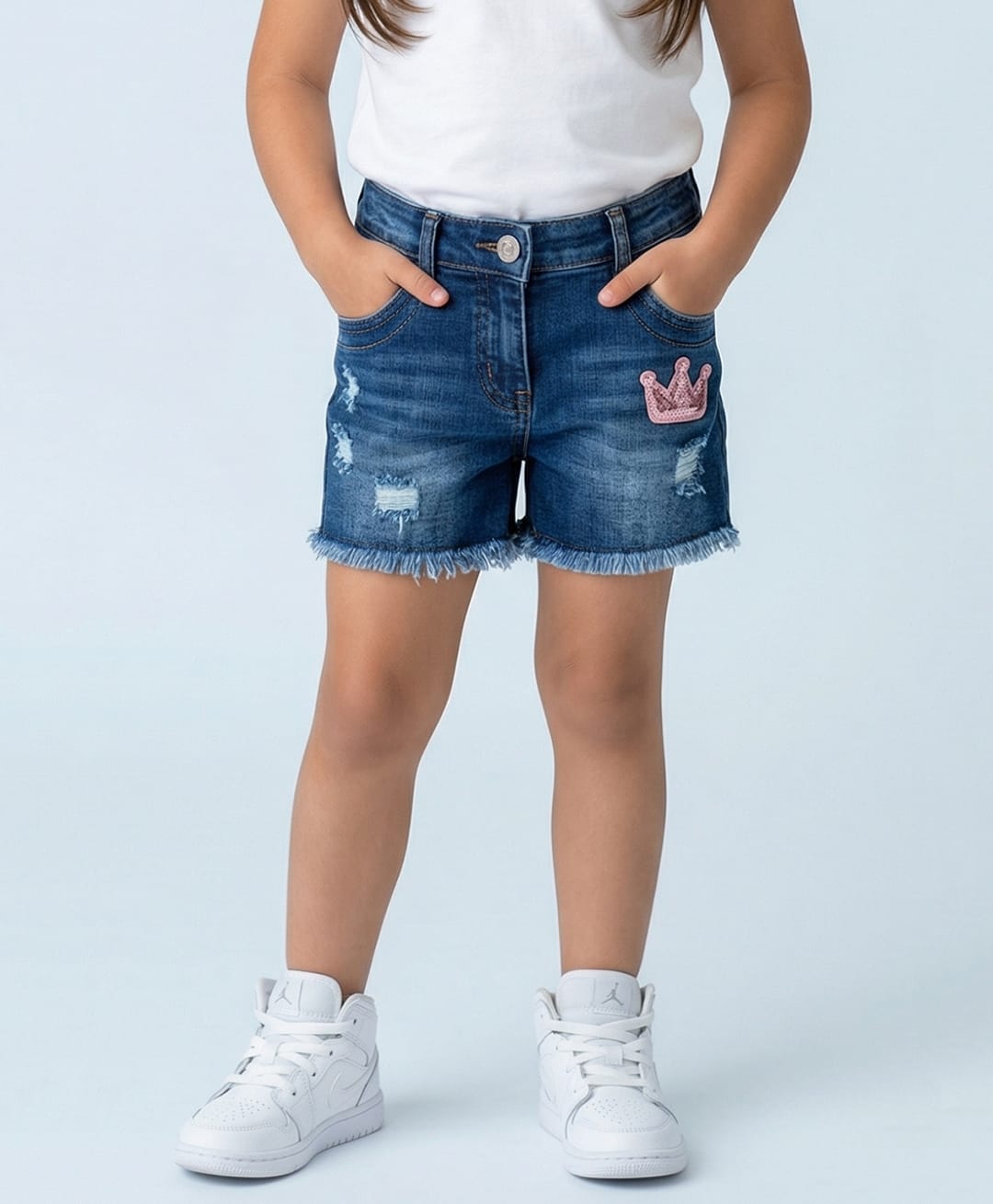 Tiny Girl Denim Woven Sequins Embellished Crown Design Patch Detailed Washed Shorts - Dark Blue-picture-36
