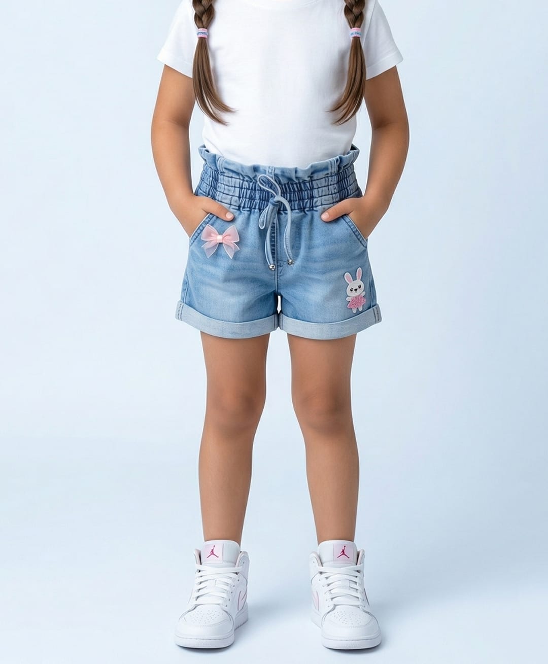Tiny Girl Denim Woven Bunny & Bow Applique Detailed Washed Shorts - Light Blue-picture-38