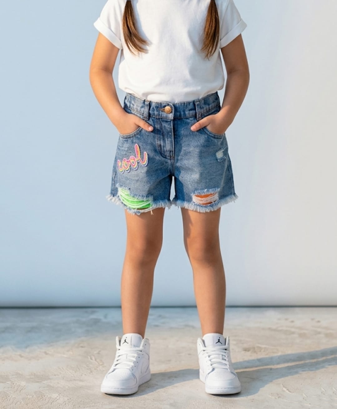 Tiny Girl Denim Woven Cool Text Patch Detailed Washed & Distressed Shorts - Light Blue-picture-18