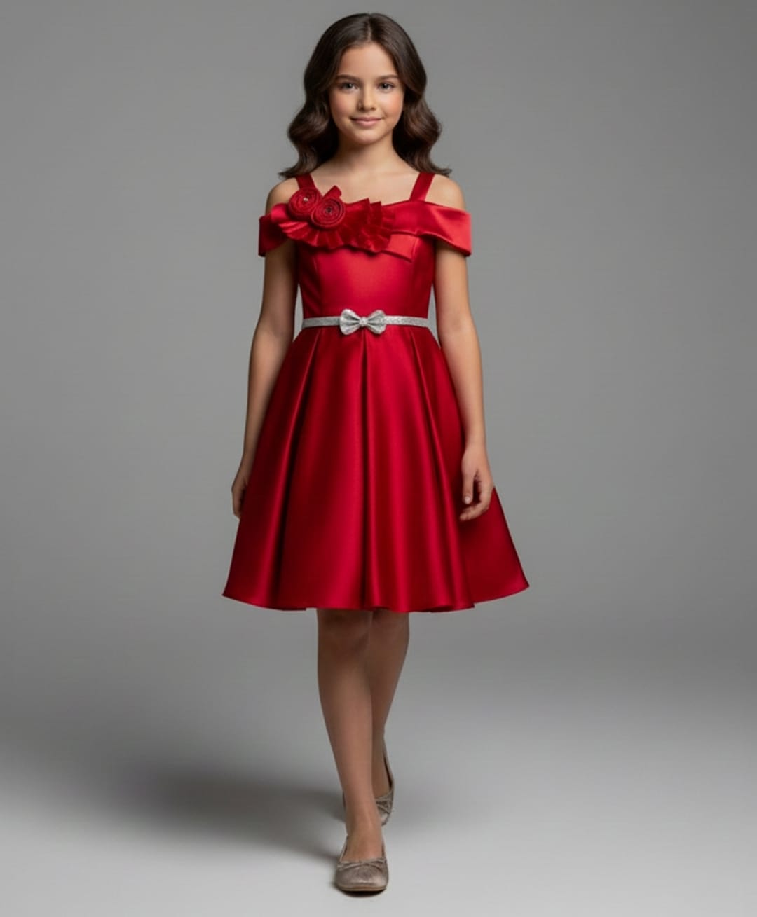 Tiny Girl Woven Cold Shoulder Floral & Bow Applique Detailed Dress - Red-picture-26