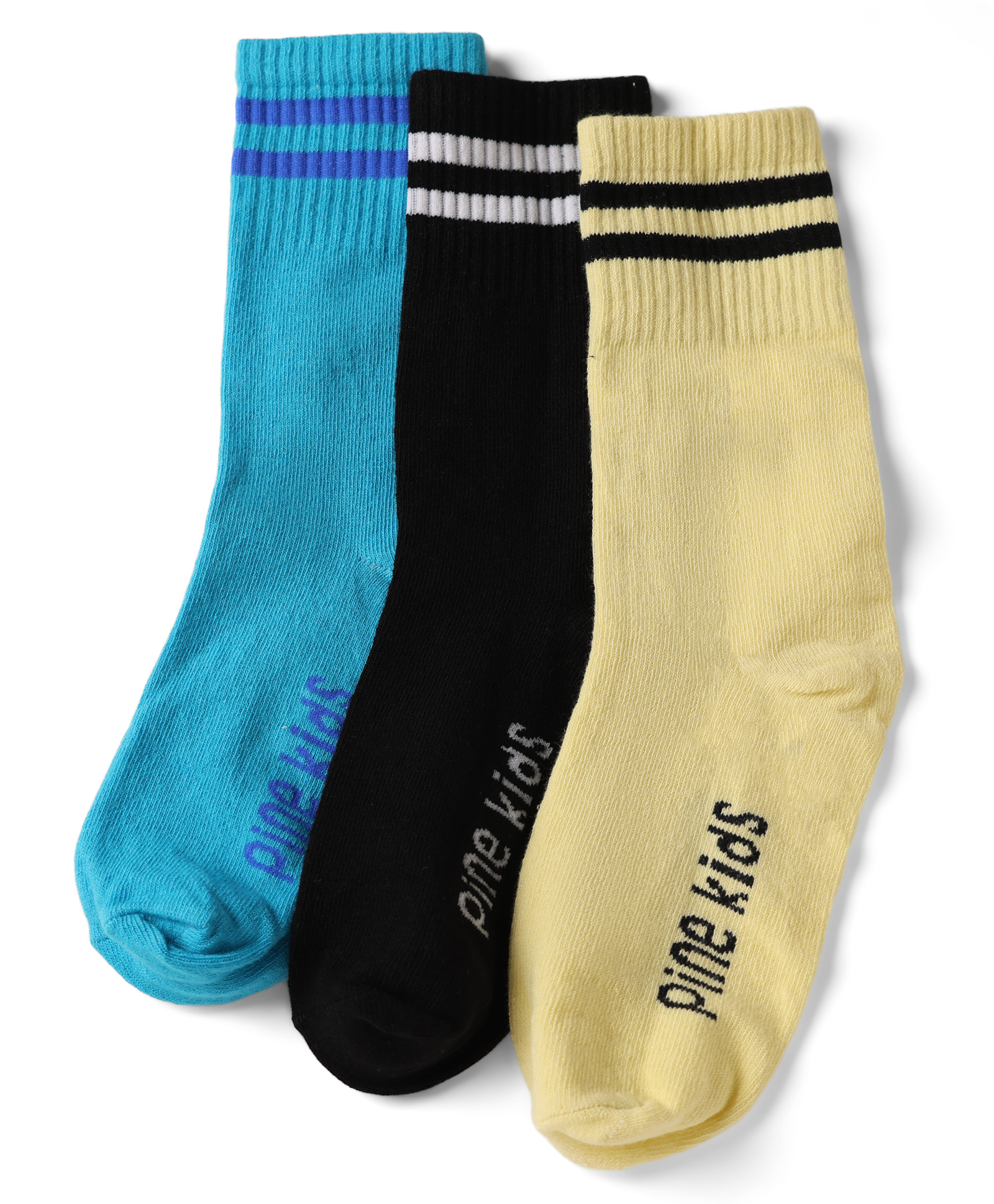 Pine Kids Cotton Knit Ankle Length Socks With Logo Design Set Of 3 - Light Blue, Black & Cream-image-11