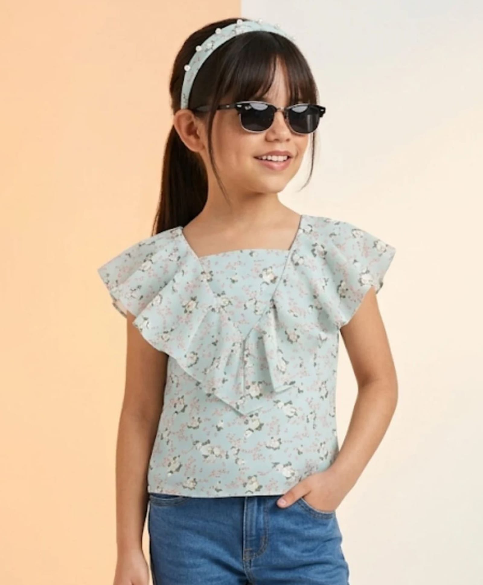Tiny Girl Woven Frill Sleeves Floral Printed Top - Sea Green-picture-14