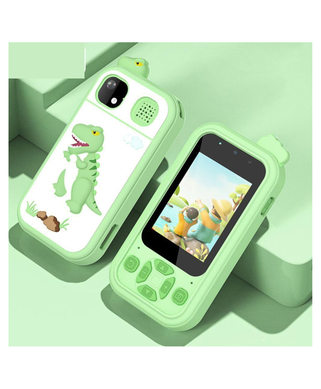 Happy Hues Kids Toy Smart Phone with Dual HD Camera & Music Player Educational Touch Button Screen-Free Mobile Toy with Dinosaur Protective Case & Lanyard for Toddlers Green-image-2