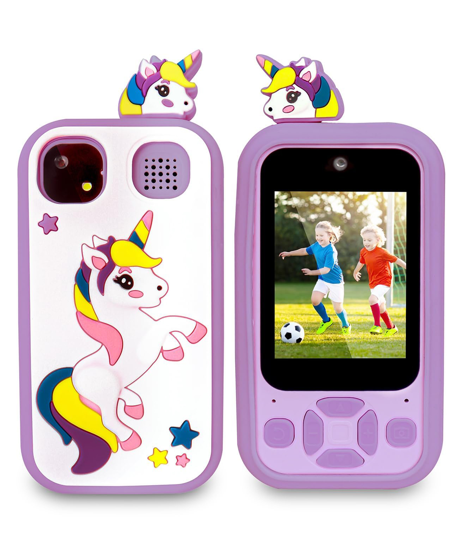 Happy Hues Kids Toy Smart Phone with Dual HD Camera & Music Player Educational Touch Button Screen-Free Mobile Toy with Unicorn Protective Case & Lanyard for Toddlers Purple-image-45