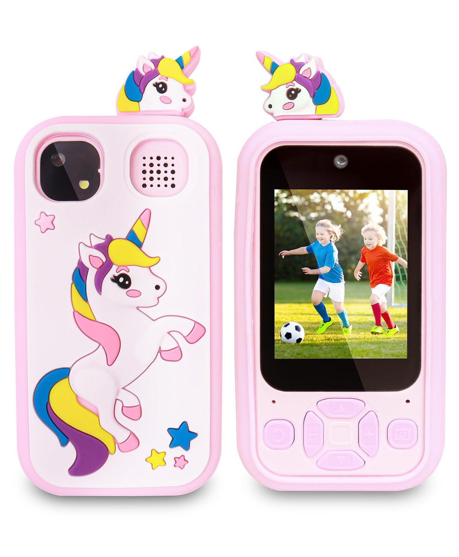 Happy Hues Kids Toy Smart Phone with Dual HD Camera & Music Player Educational Touch Button Screen-Free Mobile Toy with Unicorn Protective Case & Lanyard for Toddlers Pink-image-43