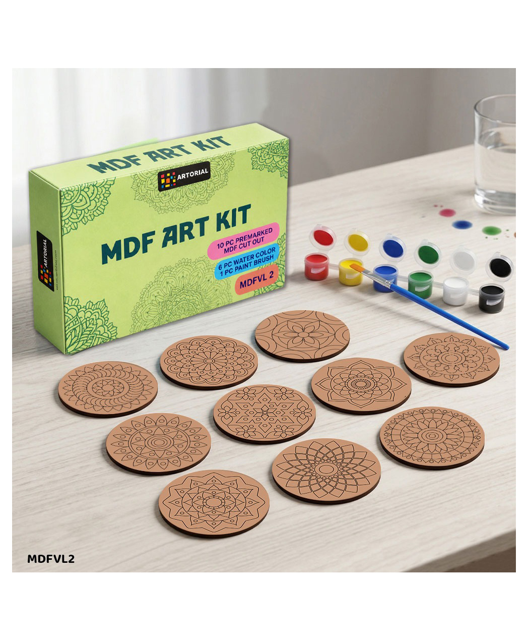 Happy Hues DIY MDF Mandala Coaster Painting Kit with 10 Pre-Marked Cutouts, 6 Water Colors & 1 Paint Brush for Kids - Multicolor-picture-17