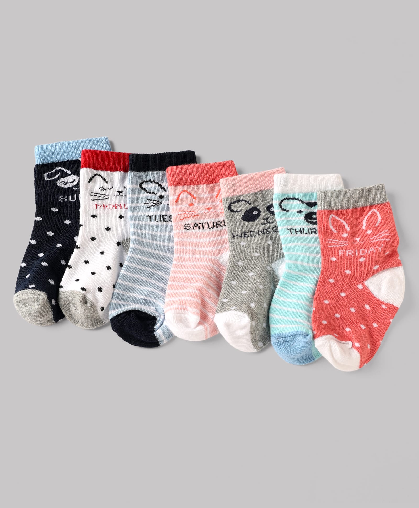 Cute Walk By Babyhug Cotton Knit Anti-bacterial Ankle Length Striped Socks With Animal & Polka Dot Design Pack of 7 - Red, White & Black-image-17