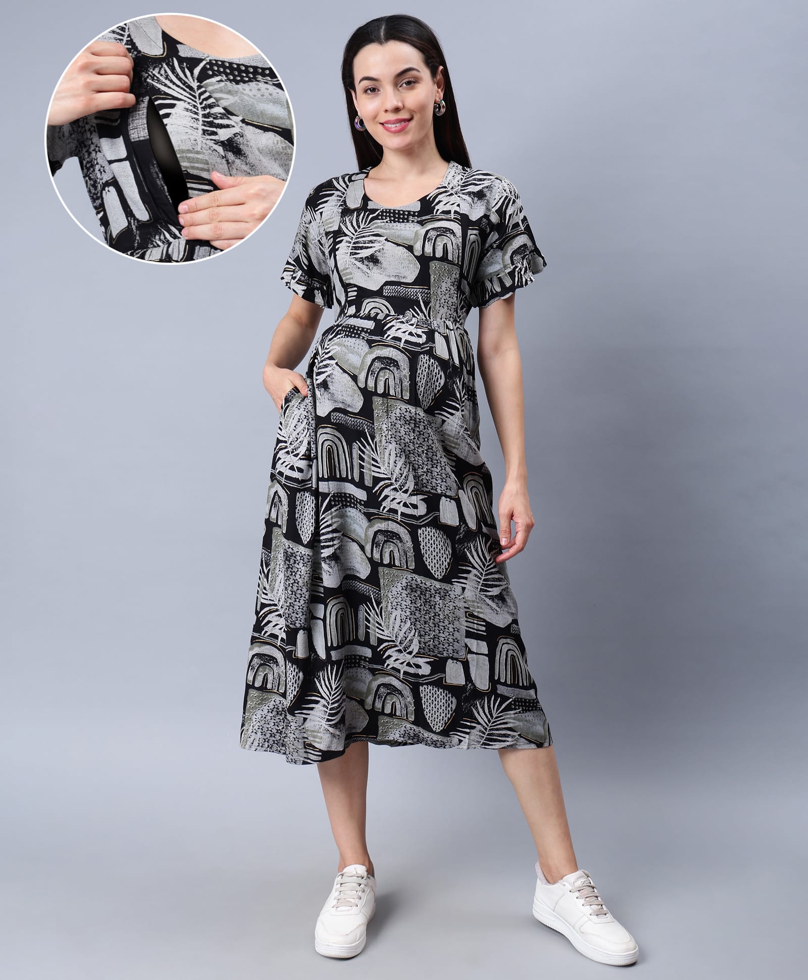 NIGHTSPREE Viscose Rayon Woven Half Sleeves Leaves Printed Dress With Side Zipper Nursing Access - Black-picture-11