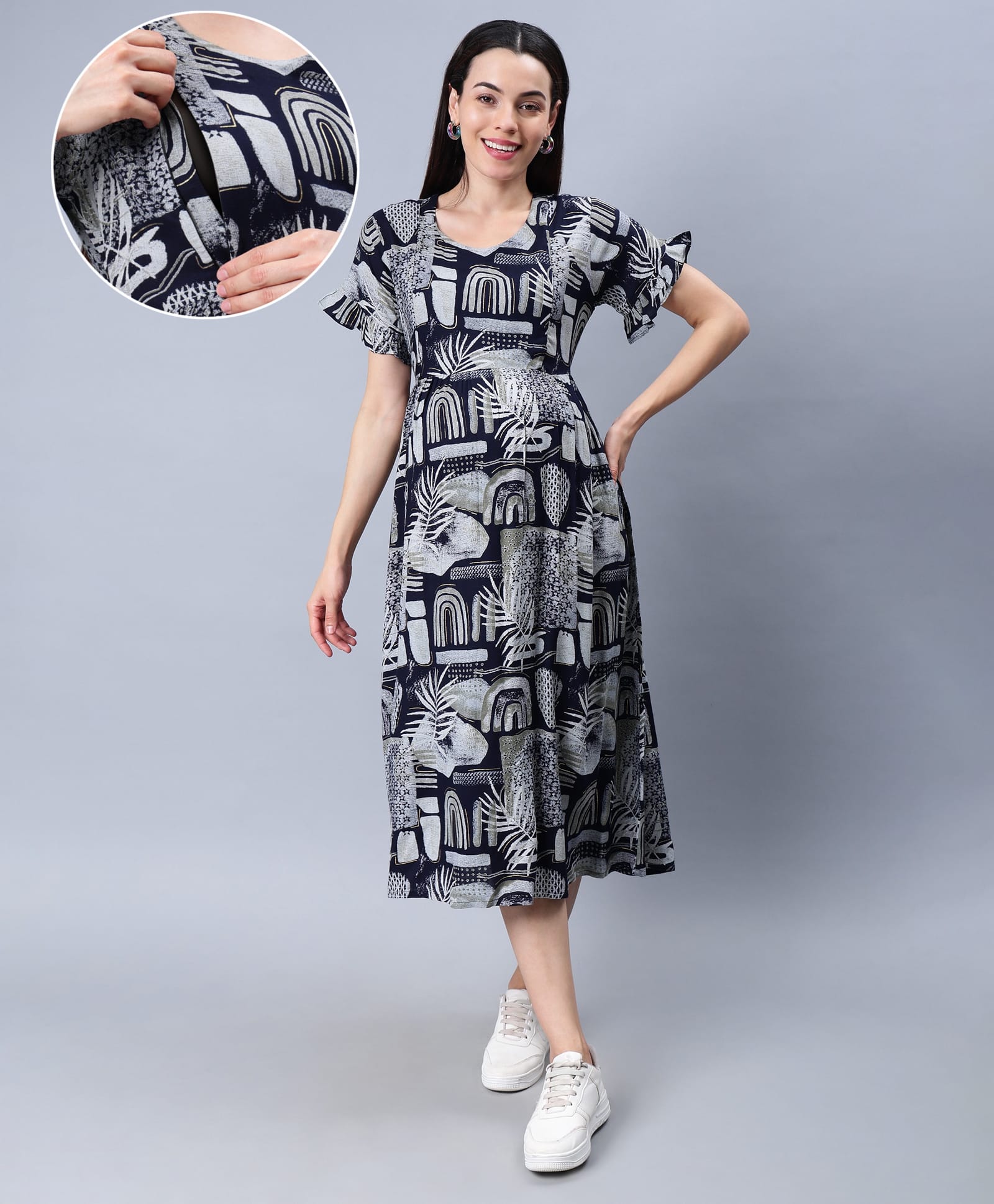 NIGHTSPREE Viscose Rayon Woven Half Sleeves Leaves Printed Dress With Side Zipper Nursing Access - Navy Blue-picture-18