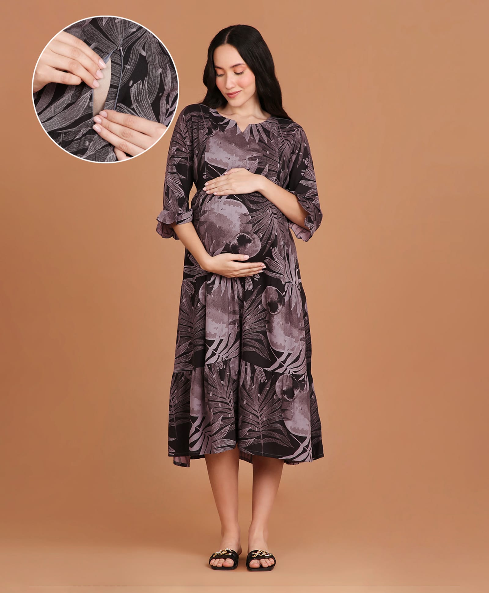 NIGHTSPREE Viscose Rayon Woven Three Fourth Sleeves Leaves Printed Dress With Side Zipper Nursing Access - Light Purple-picture-27