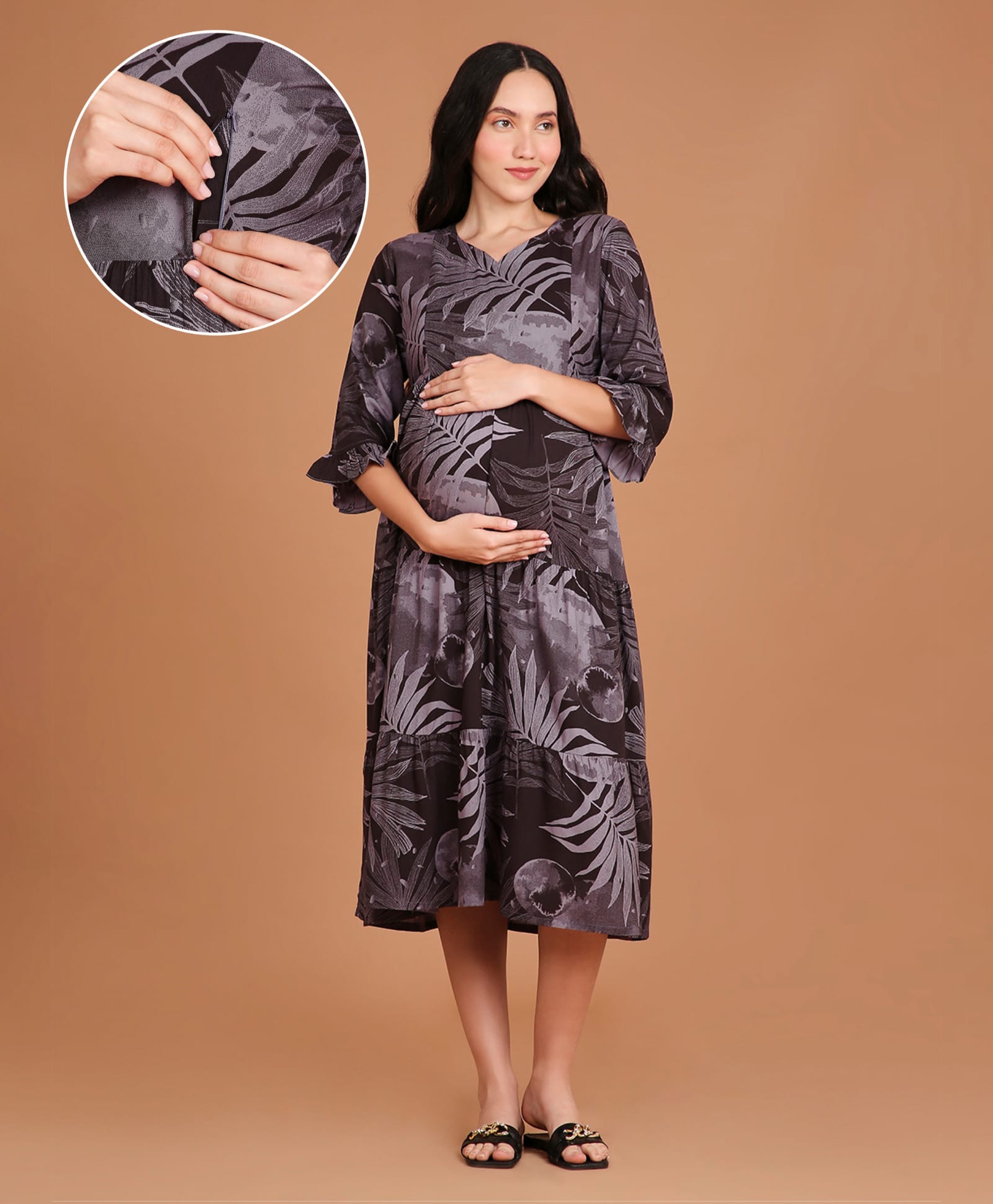 NIGHTSPREE Viscose Rayon Woven Three Fourth Sleeves Leaves Printed Dress With Side Zipper Nursing Access - Dark Purple-picture-26
