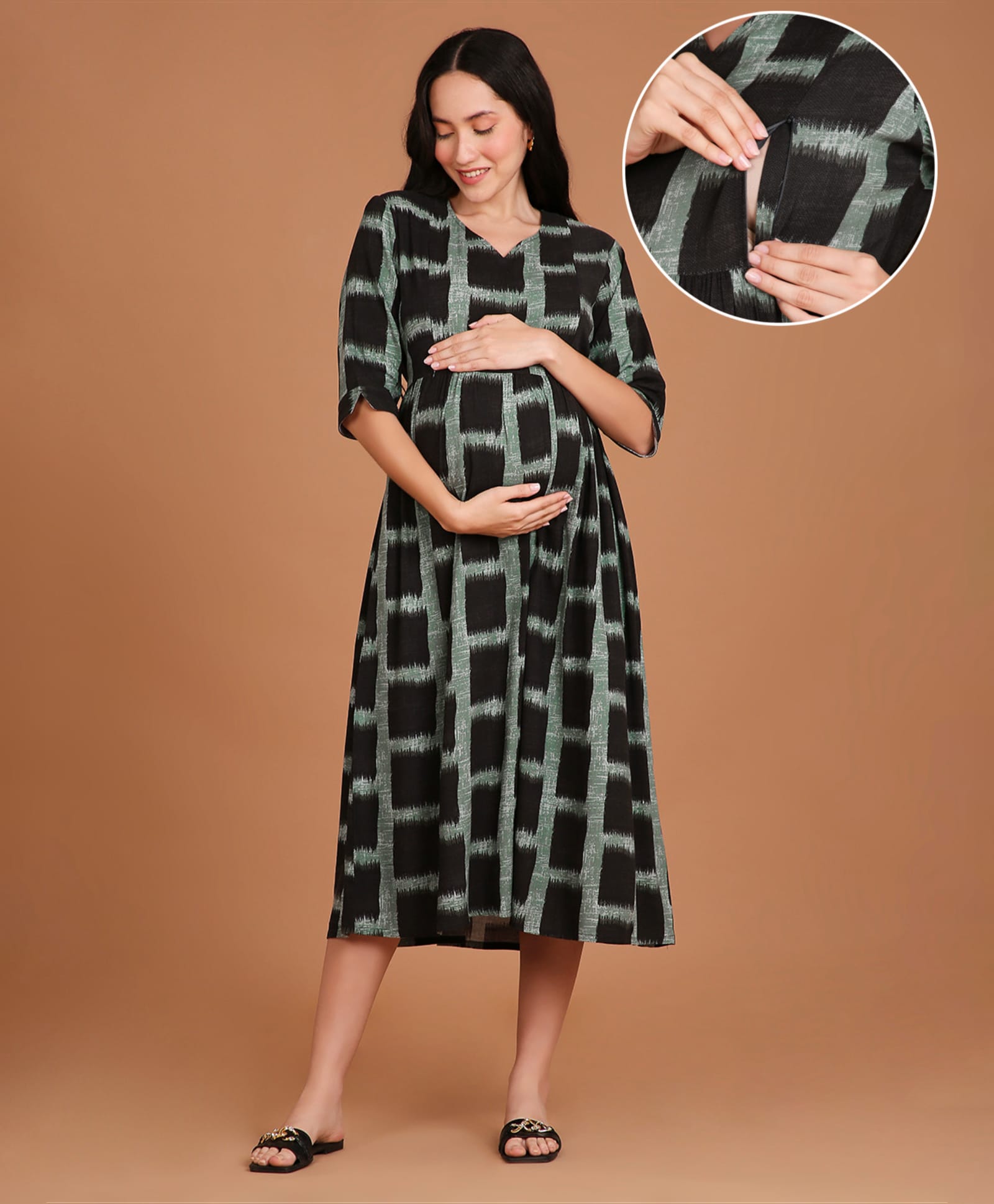 NIGHTSPREE Viscose Rayon Woven Three Fourth Sleeves Geometric Printed Dress With Side Zipper Nursing Access - Black-picture-24