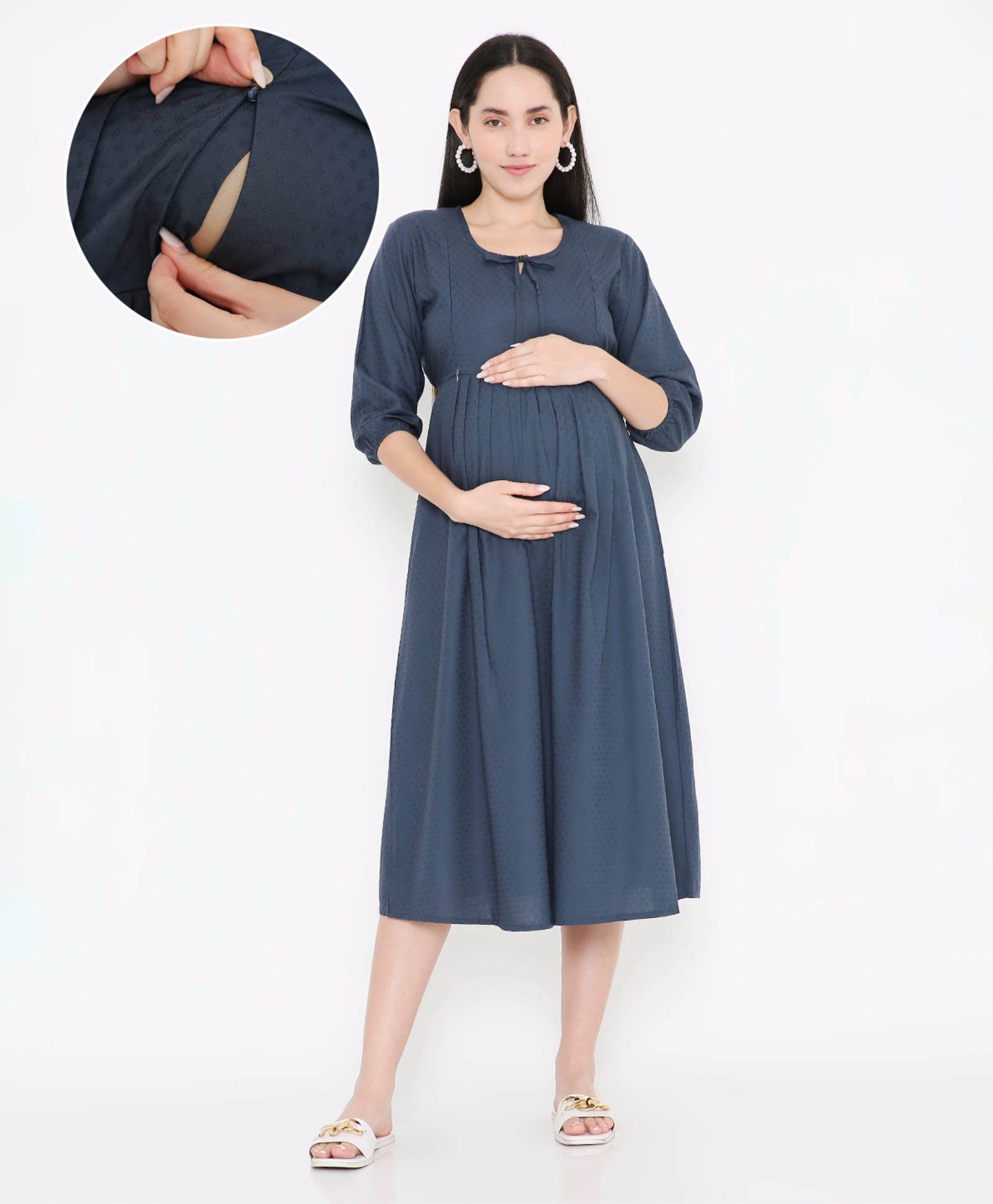NIGHTSPREE Viscose Rayon Woven Three Fourth Sleeves Textured Dress With Side Zipper Nursing Access - Grey-picture-19