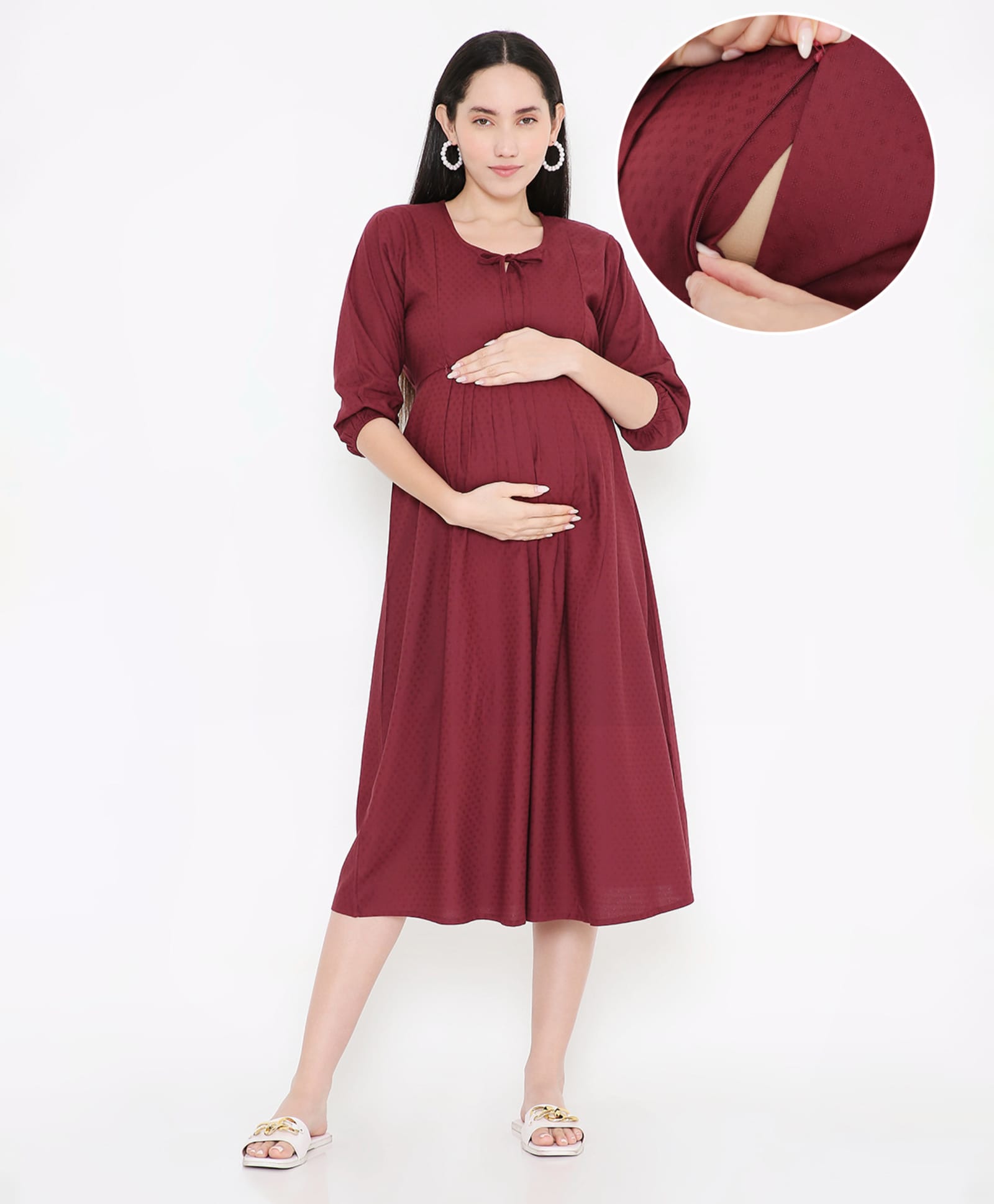 NIGHTSPREE Viscose Rayon Woven Three Fourth Sleeves Textured Dress With Side Zipper Nursing Access - Maroon-picture-20
