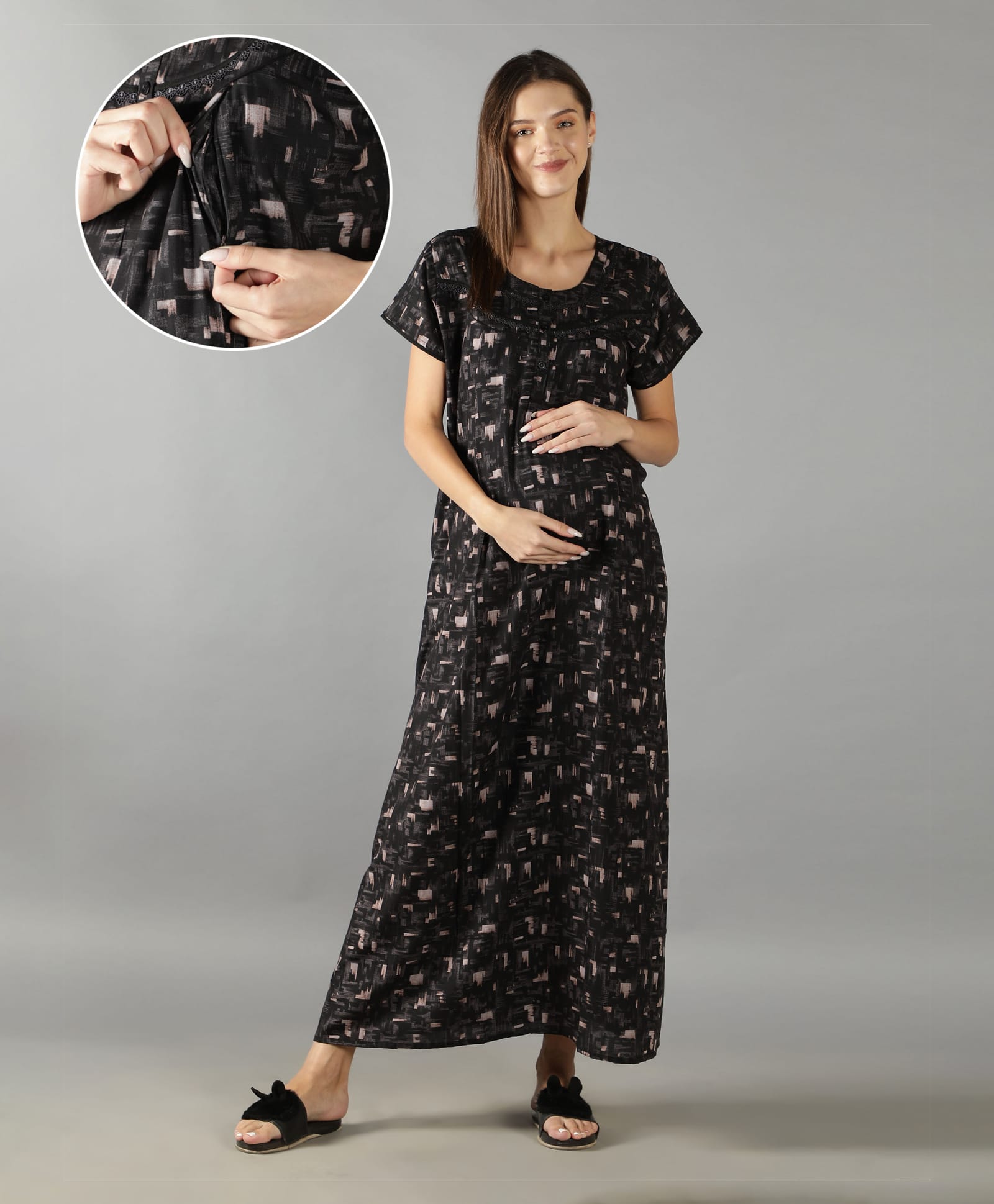NIGHTSPREE Cotton Woven Half Sleeves Abstract Printed Maternity Nighty With Side Zipper Nursing Access - Black-image-42