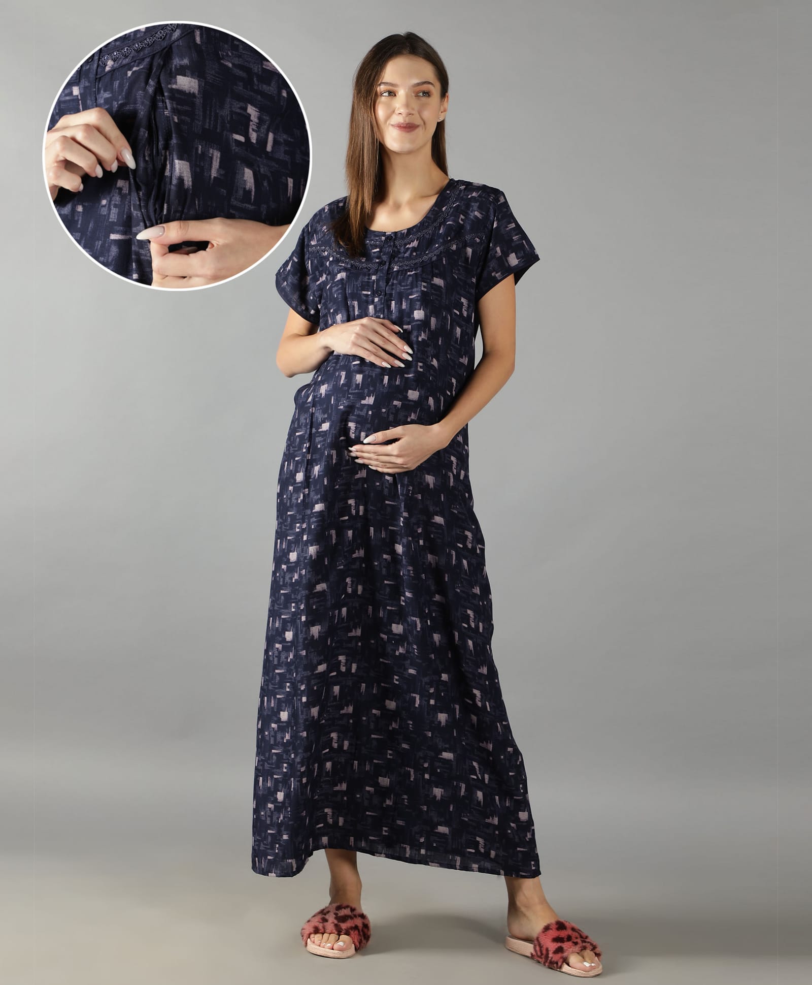 NIGHTSPREE Cotton Woven Half Sleeves Abstract Printed Maternity Nighty With Side Zipper Nursing Access - Blue-image-45