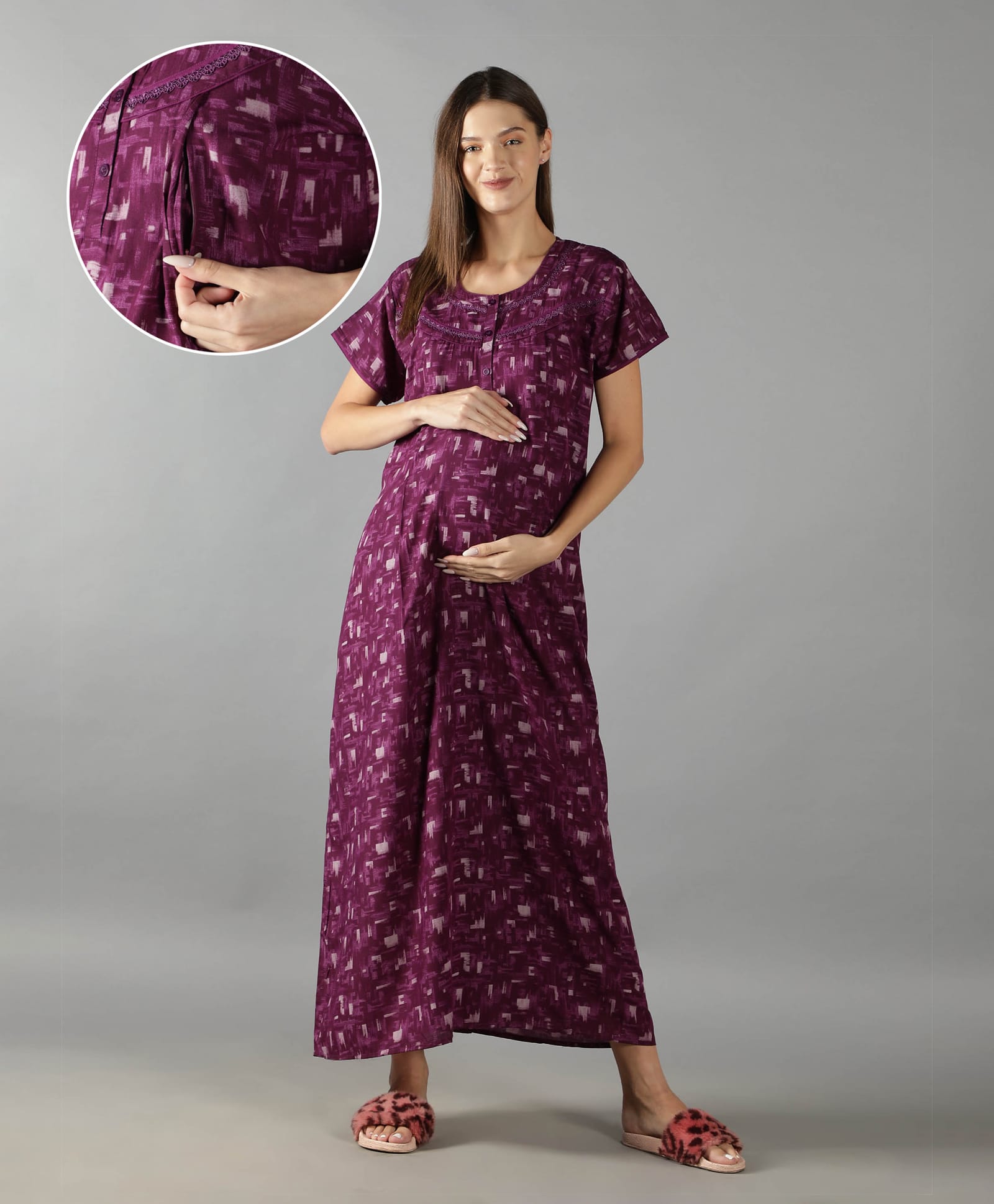 NIGHTSPREE Cotton Woven Half Sleeves Abstract Printed Maternity Nighty With Side Zipper Nursing Access - Purple