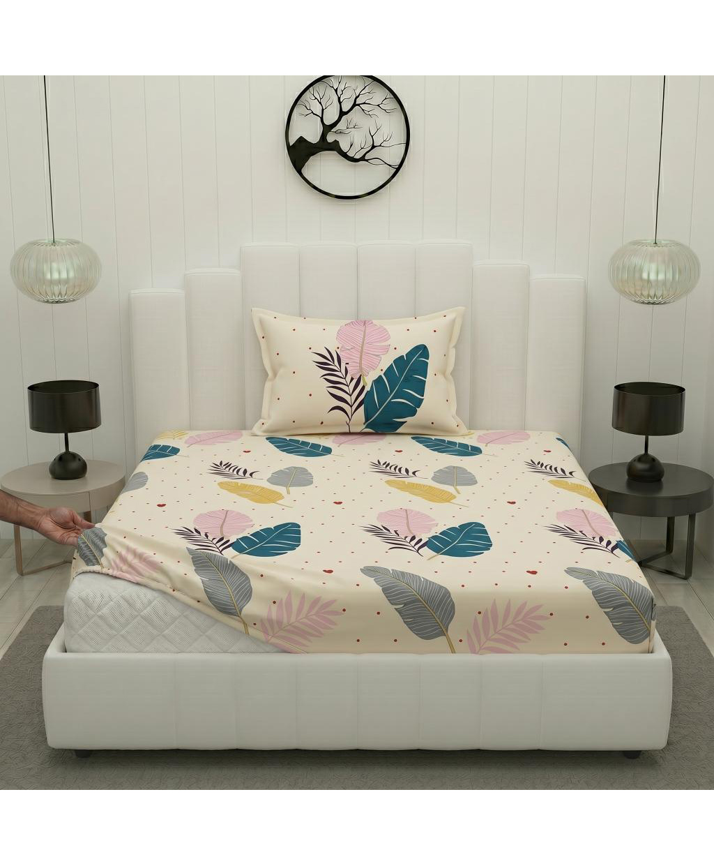 Filymore Single Fitted Bedsheet 182x90cm Cream Leaf Print, Soft Microfiber Bed Sheet with 1 Pillow Cover, Blue & Cream Design-image-6