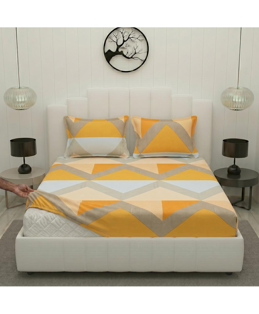 Filymore Double Fitted Bedsheet 182x182cm Orange Grey Geometric Print, Soft Microfiber Bed Sheet with 2 Pillow Covers, Modern Design-picture-11