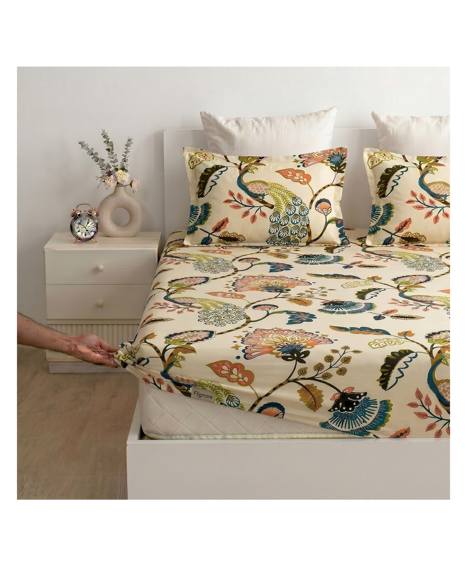 Filymore Double Fitted Bedsheet 182x182 cm Peacock Anokhi Print, Soft Microfiber Bed Sheet with 2 Pillow Covers, Traditional Ethnic Design-image-5