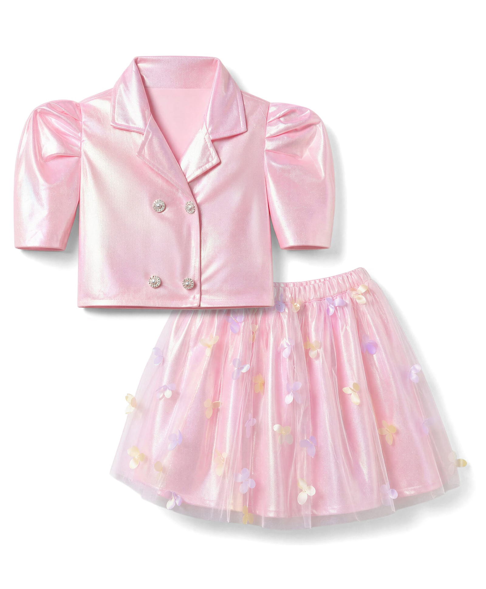 Hola Bonita Knit Short Shimmer Sleeve Top and Butterfly Applique Mesh Skirt - Pink-image-12